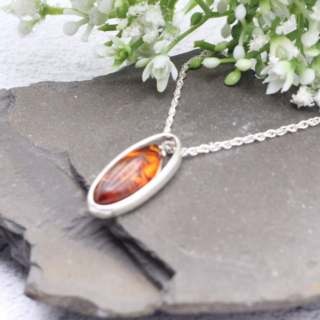 Hepburn and Hughes Baltic Amber Pendant,  Pointed Oval in Sterling Silver