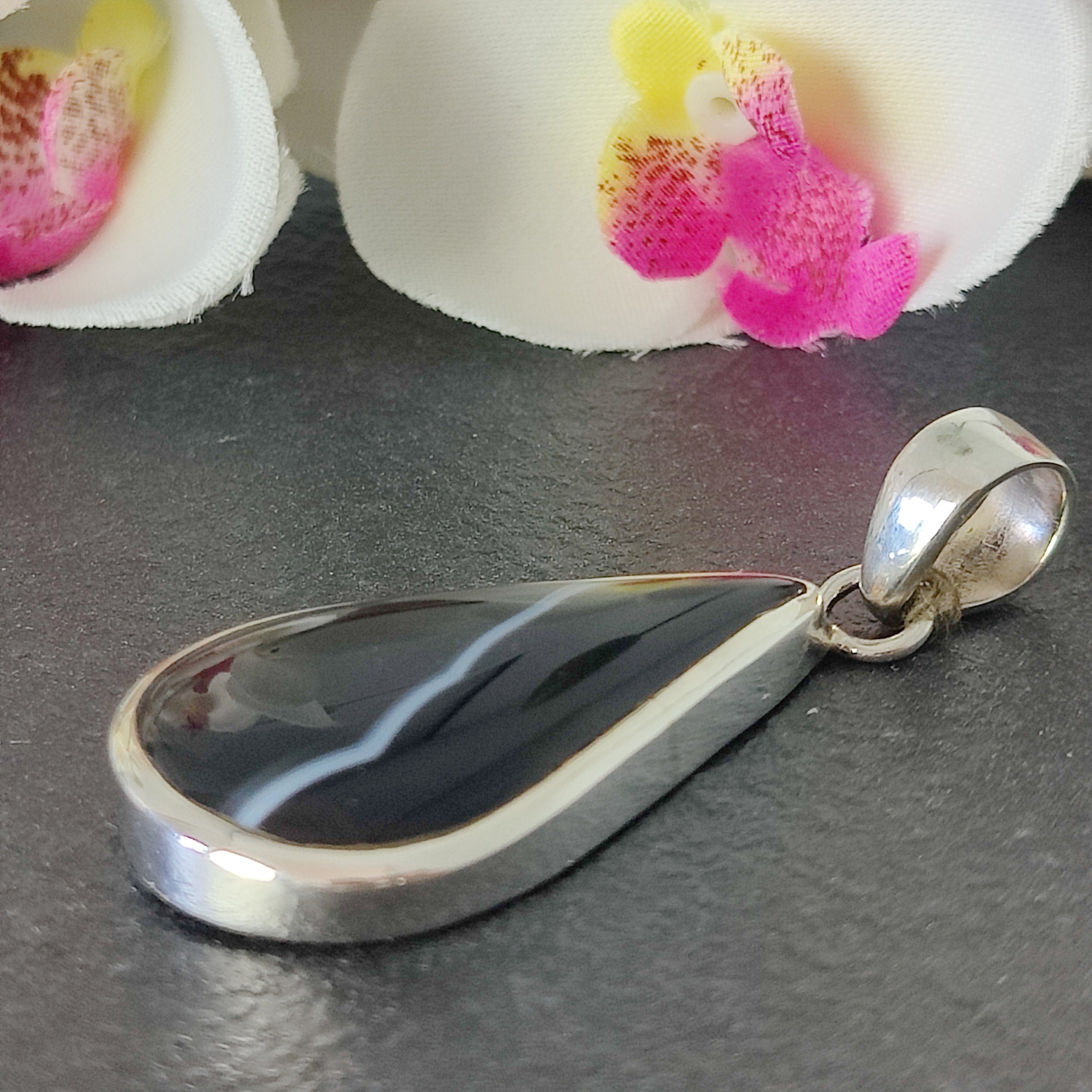 Hepburn and Hughes Banded Black Onyx | Large Teardrop | Sterling Silver