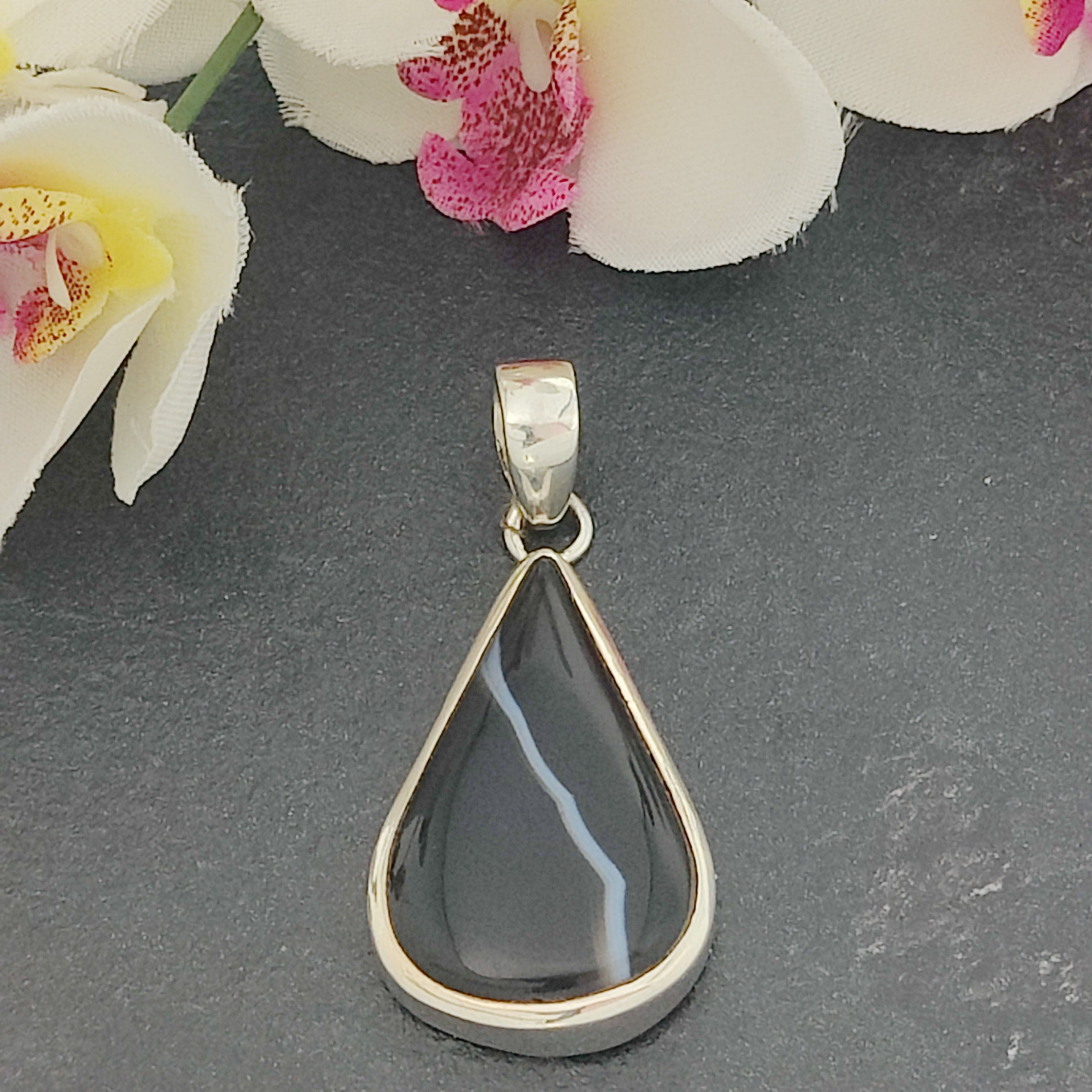 Hepburn and Hughes Banded Black Onyx | Large Teardrop | Sterling Silver