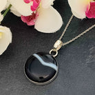 Hepburn and Hughes Banded Black Onyx Pendant | Circle | Sterling Silver