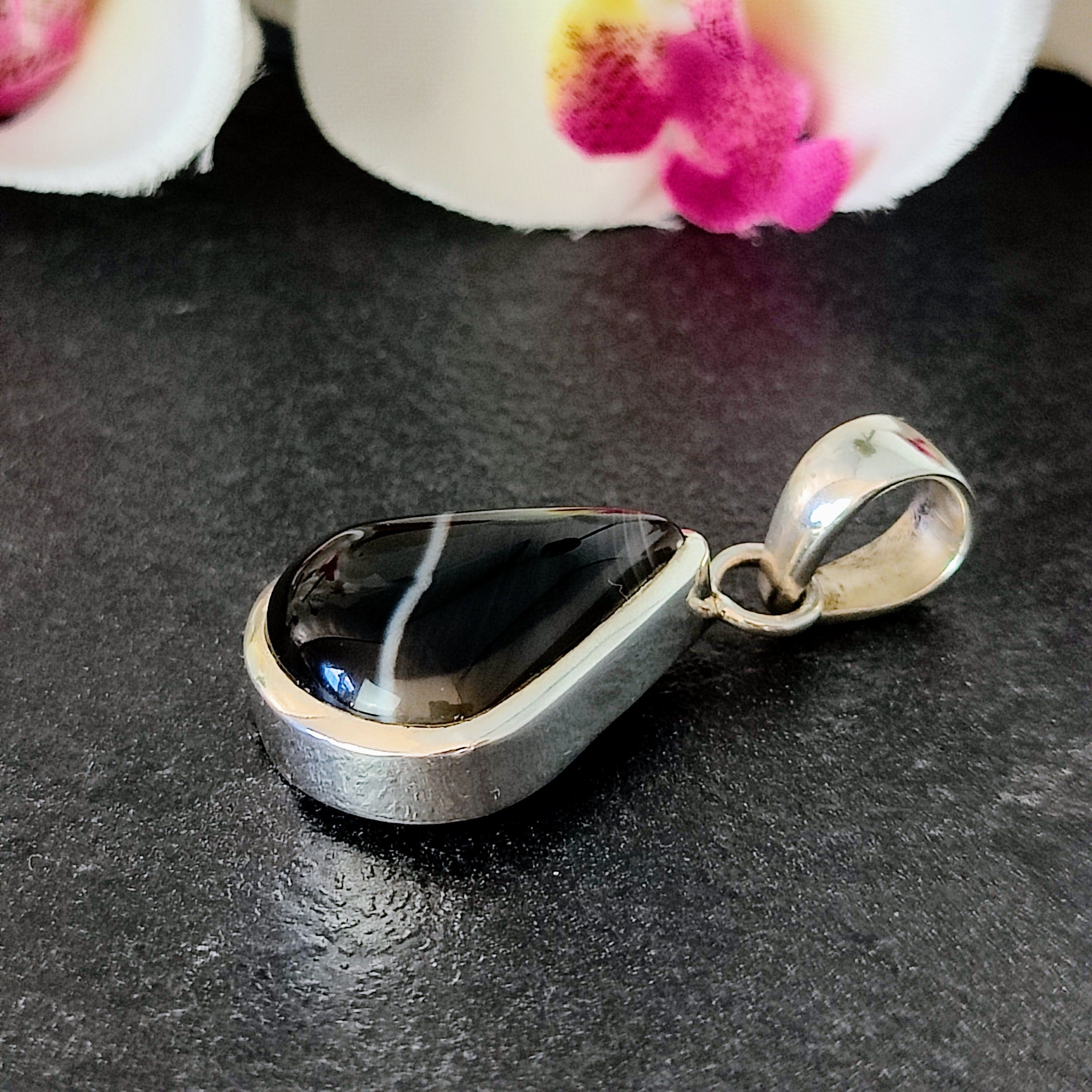 Hepburn and Hughes Banded Black Onyx Pendant | Curved Triangle | Teardrop in Sterling Silver