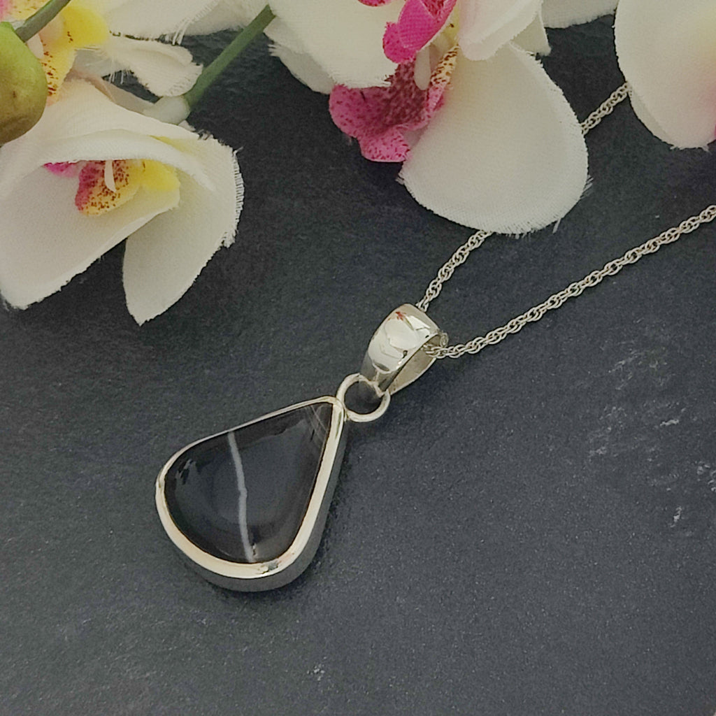Hepburn and Hughes Banded Black Onyx Pendant | Curved Triangle | Teardrop in Sterling Silver