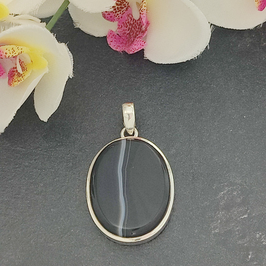 Hepburn and Hughes Banded Black Onyx Pendant | Oval | Sterling Silver