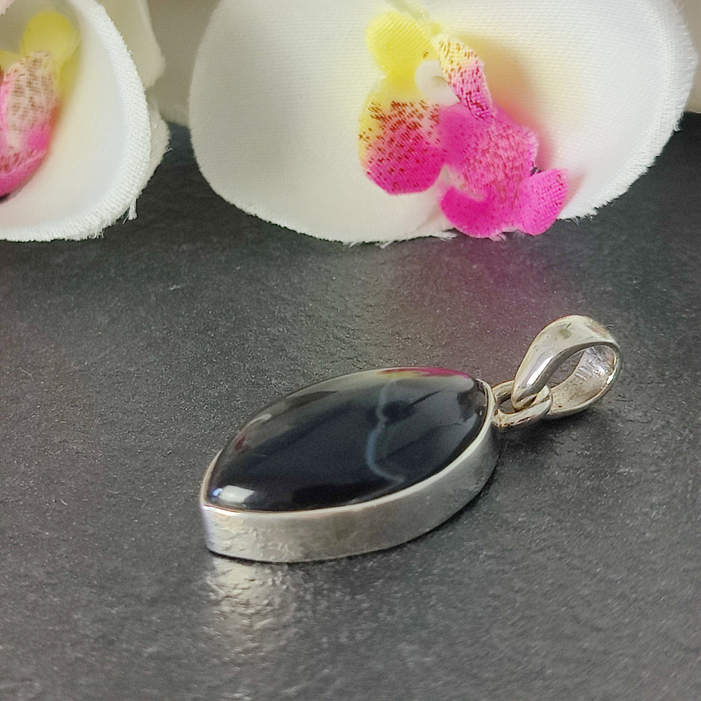 Hepburn and Hughes Banded Black Onyx Pendant | Pointed Oval | Sterling Silver