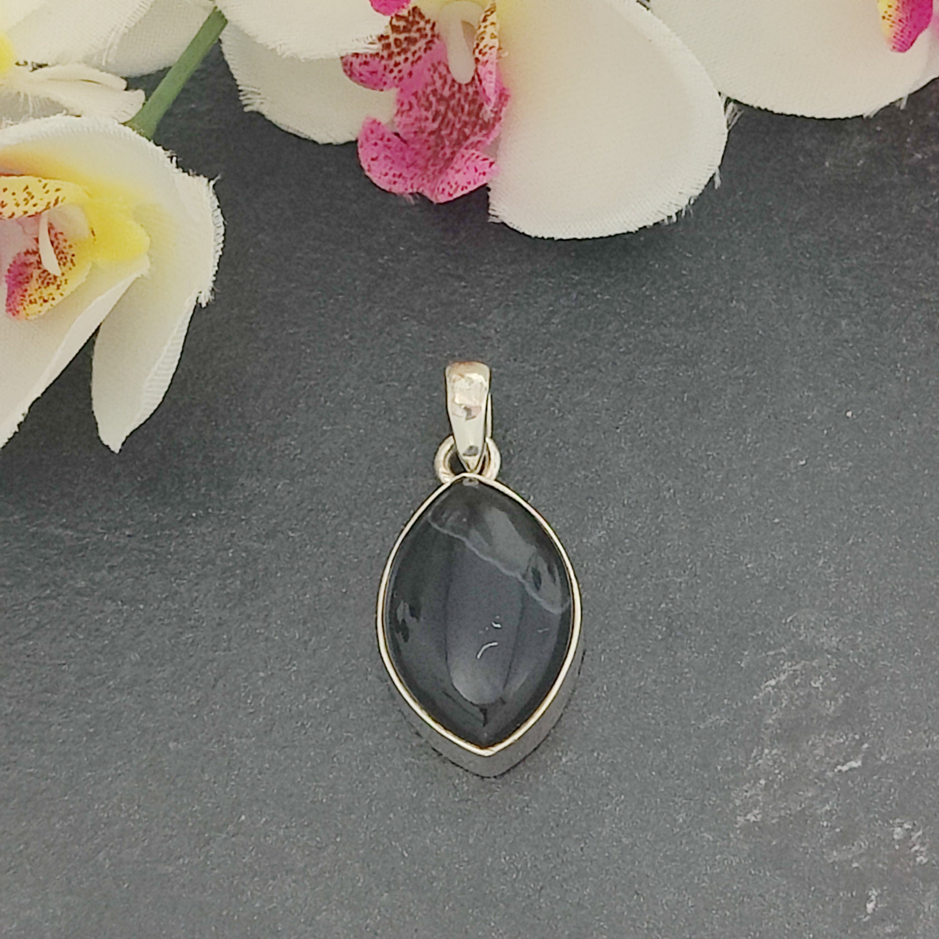 Hepburn and Hughes Banded Black Onyx Pendant | Pointed Oval | Sterling Silver