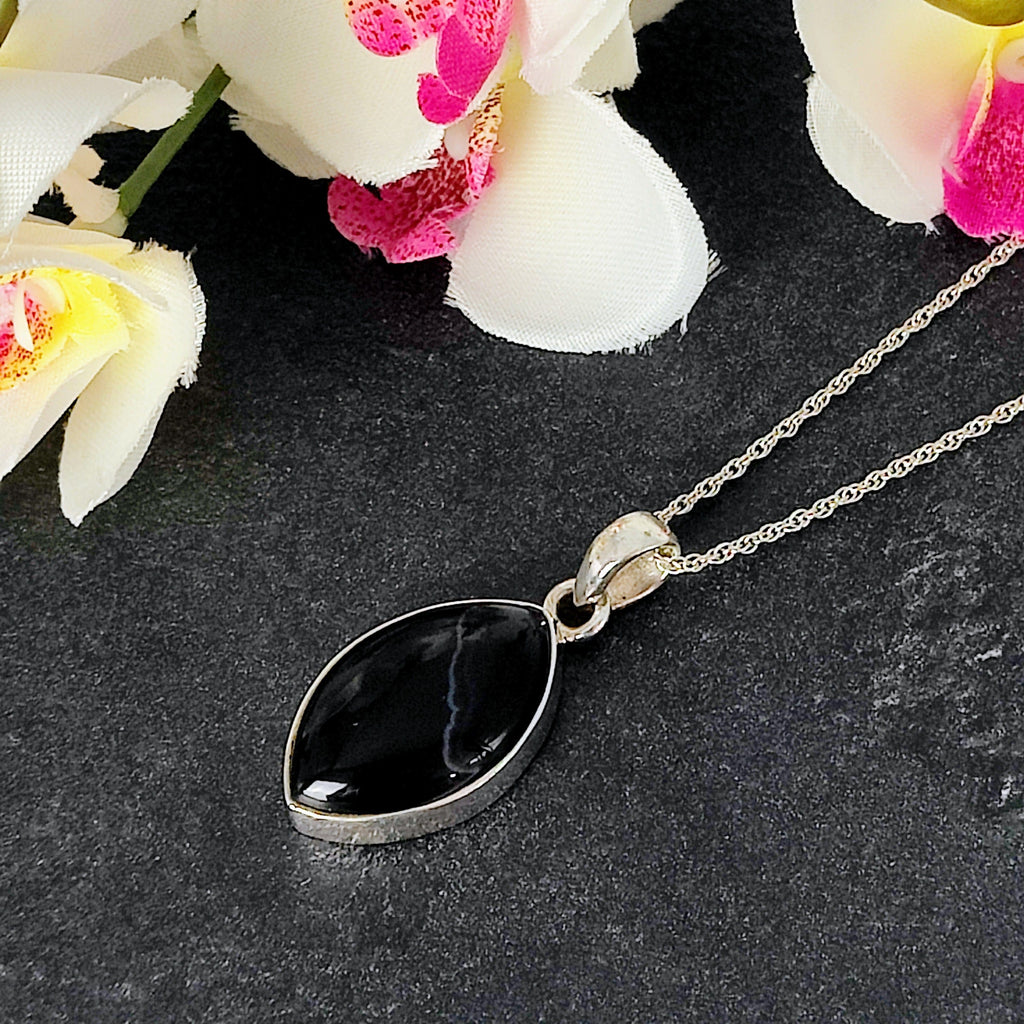 Hepburn and Hughes Banded Black Onyx Pendant | Pointed Oval | Sterling Silver