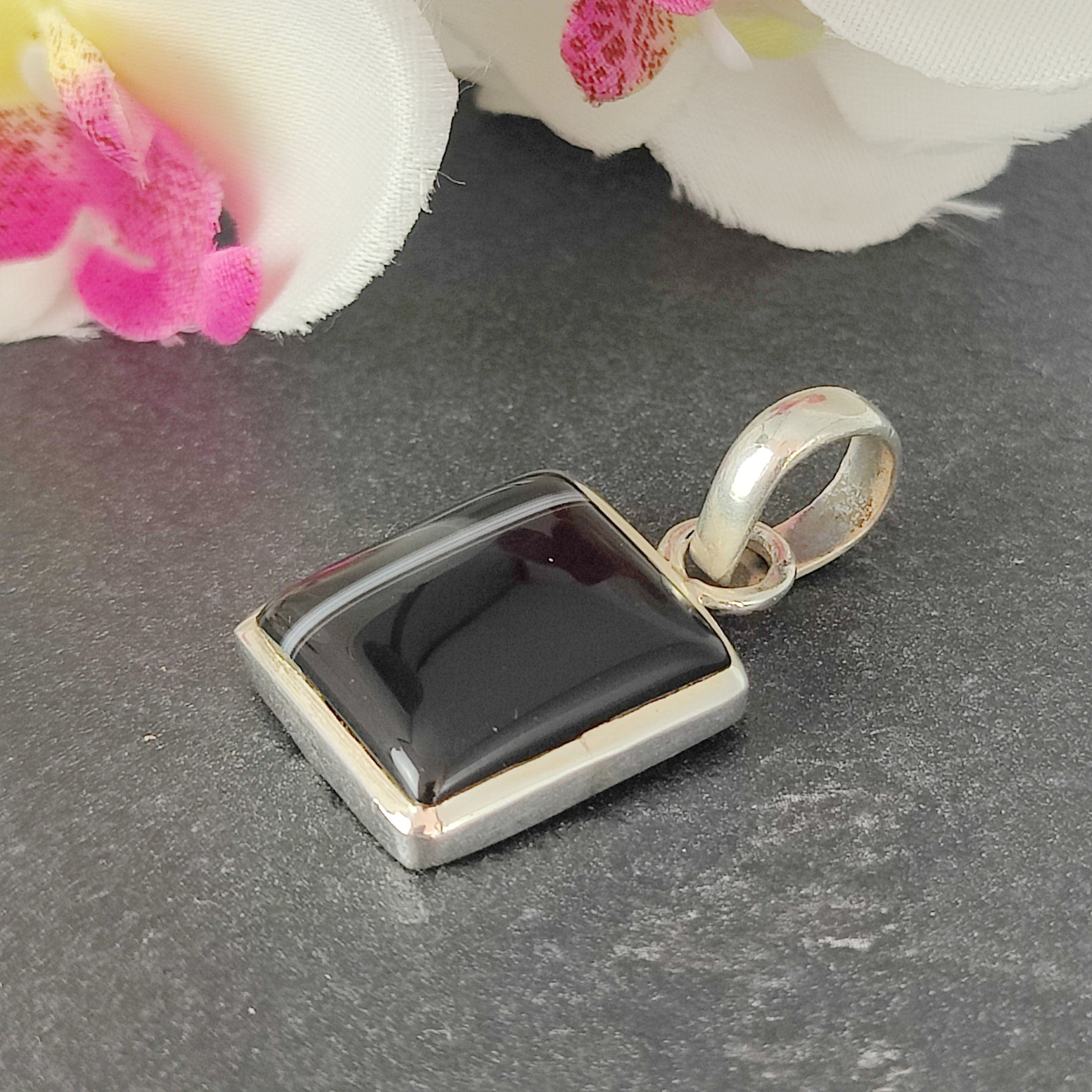 Hepburn and Hughes Banded Black Onyx Pendant | Square | Sterling Silver