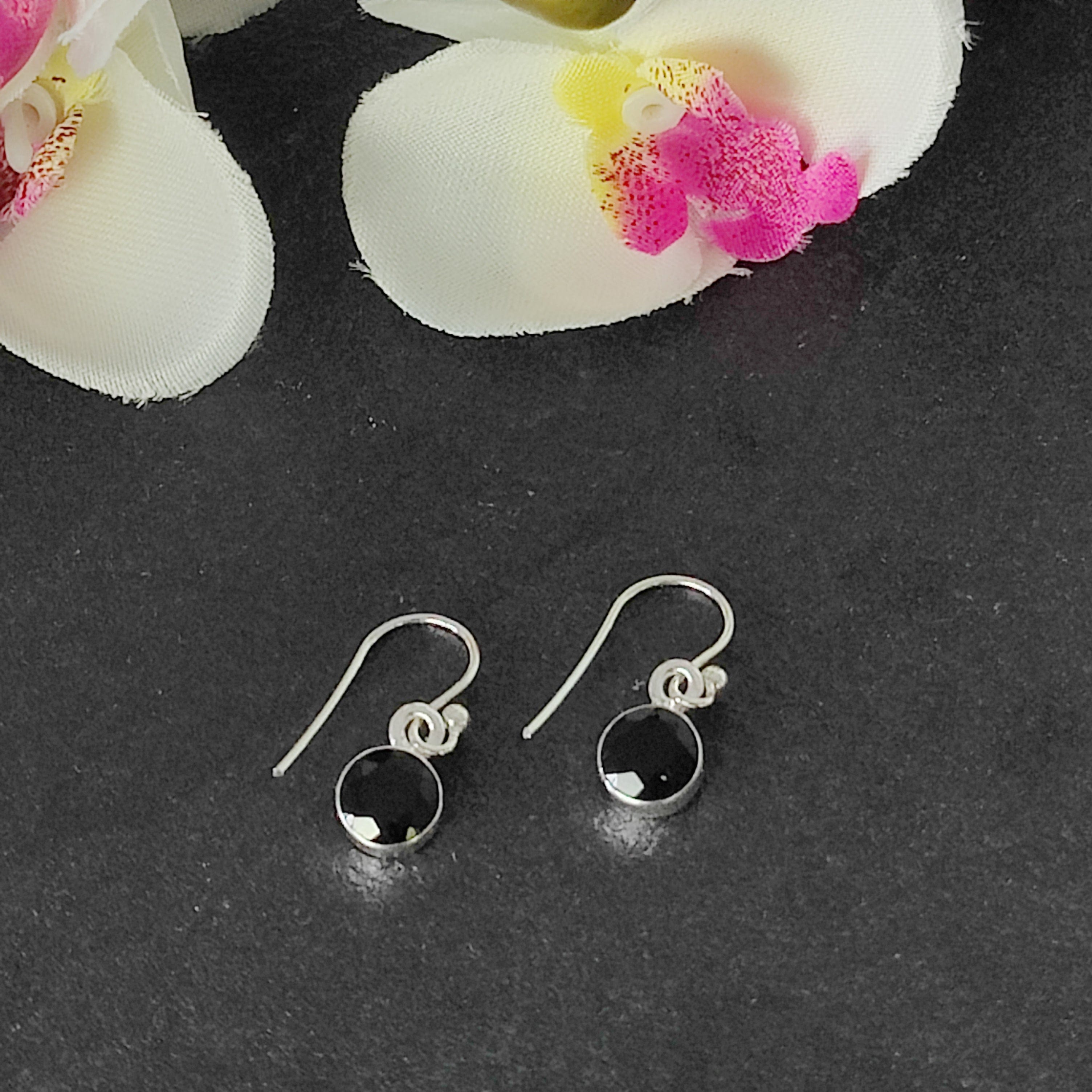 Hepburn and Hughes Black Onyx Earrings | Circular Drop with ear wire | Sterling Silver