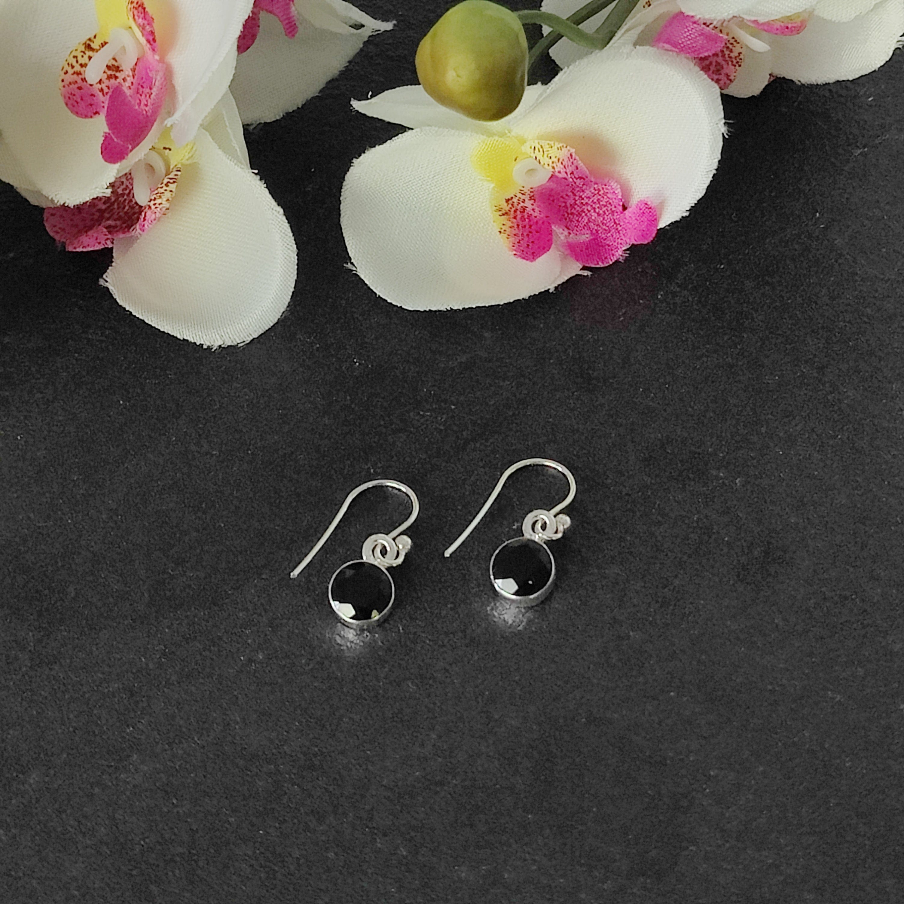 Hepburn and Hughes Black Onyx Earrings | Circular Drop with ear wire | Sterling Silver