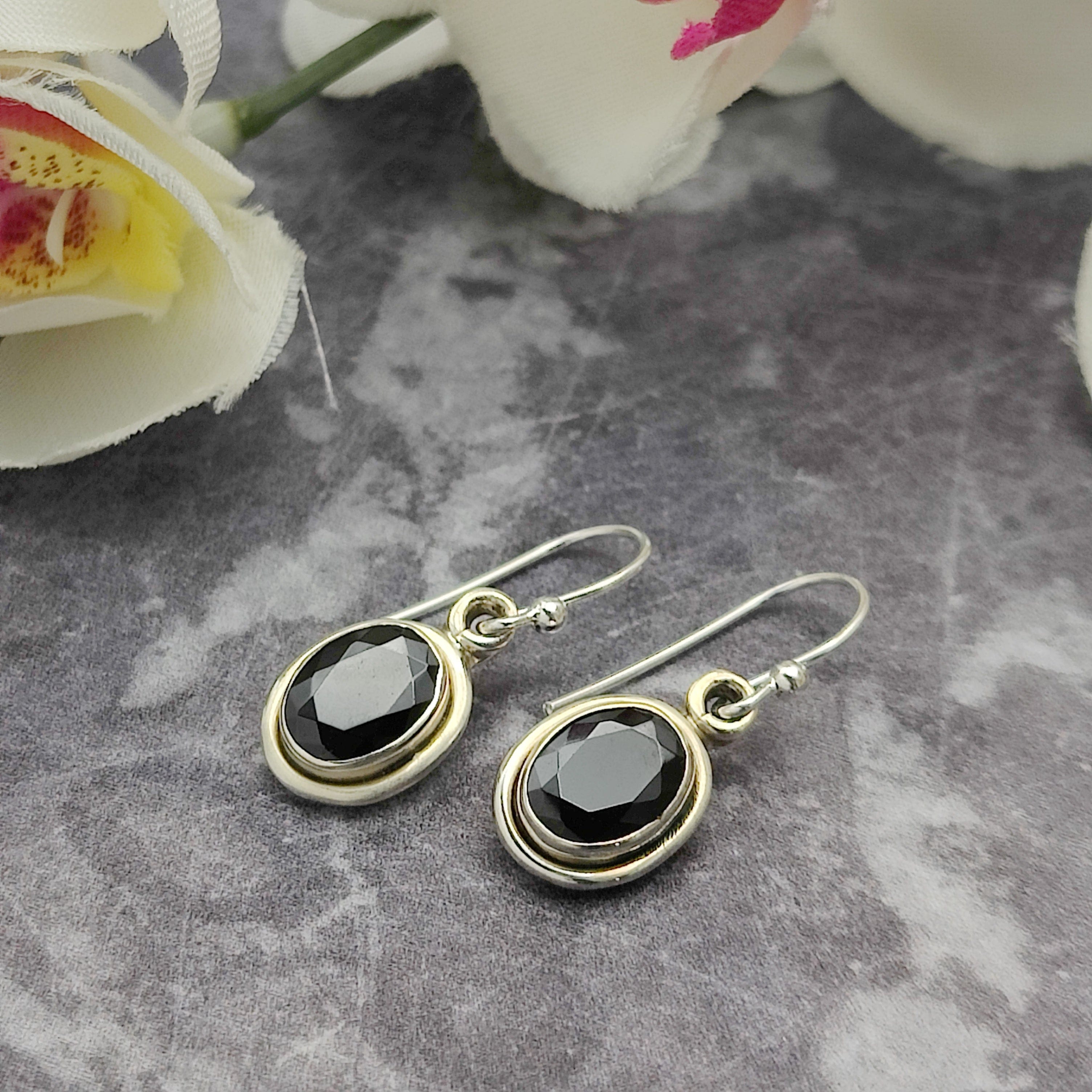 Hepburn and Hughes Black Onyx Earrings | Double Bezel | Oval Earwire | Sterling Silver