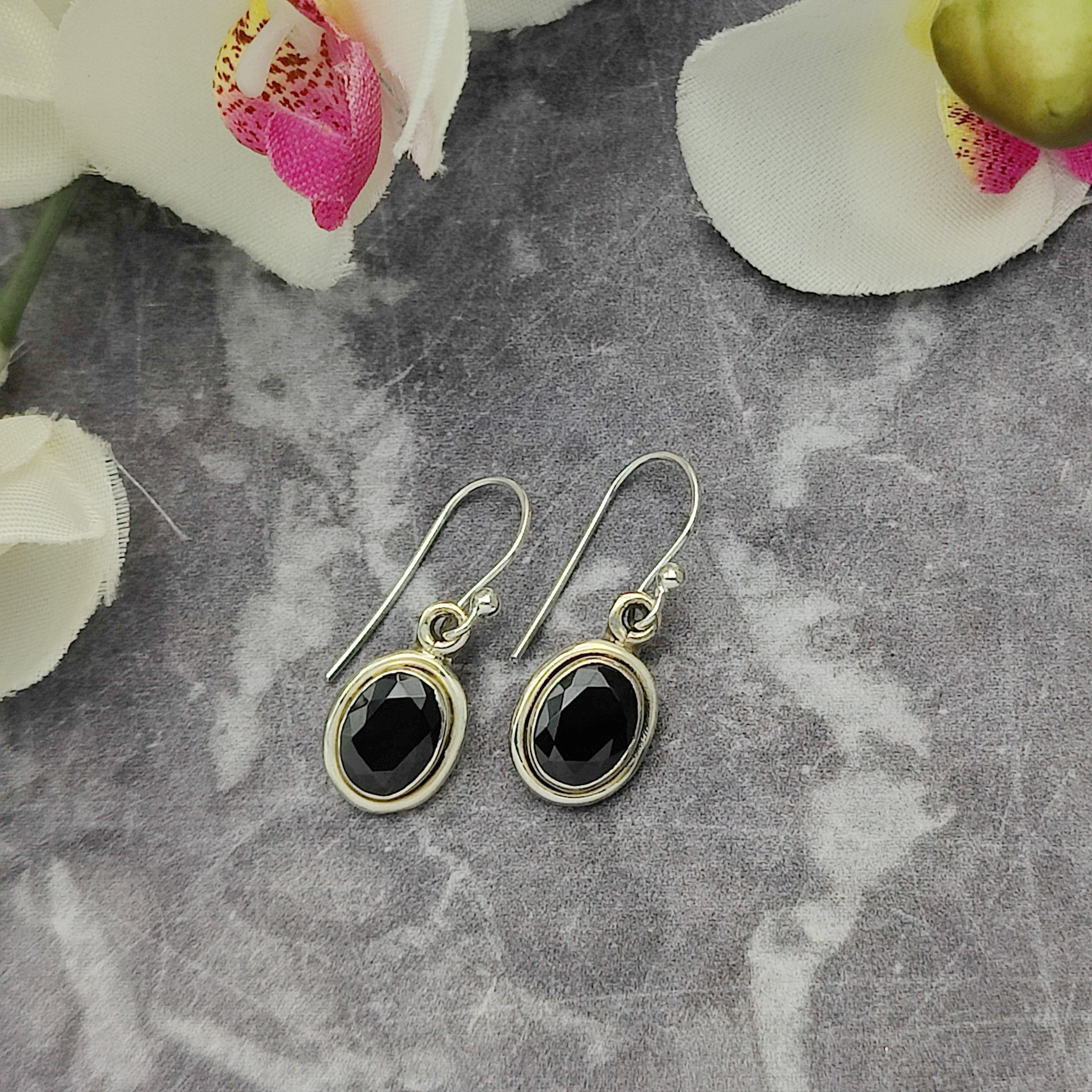 Hepburn and Hughes Black Onyx Earrings | Double Bezel | Oval Earwire | Sterling Silver