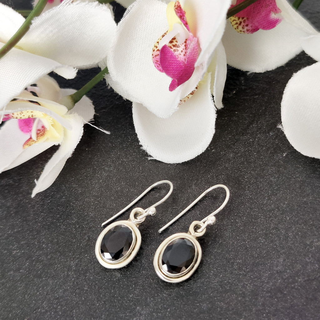 Hepburn and Hughes Black Onyx Earrings | Double Bezel | Oval Earwire | Sterling Silver