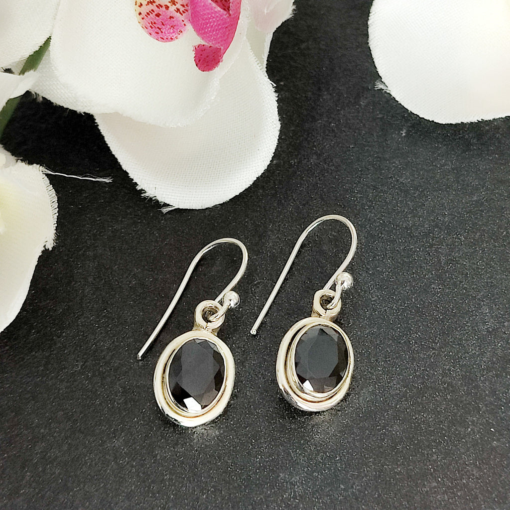 Hepburn and Hughes Black Onyx Earrings | Double Bezel | Oval Earwire | Sterling Silver