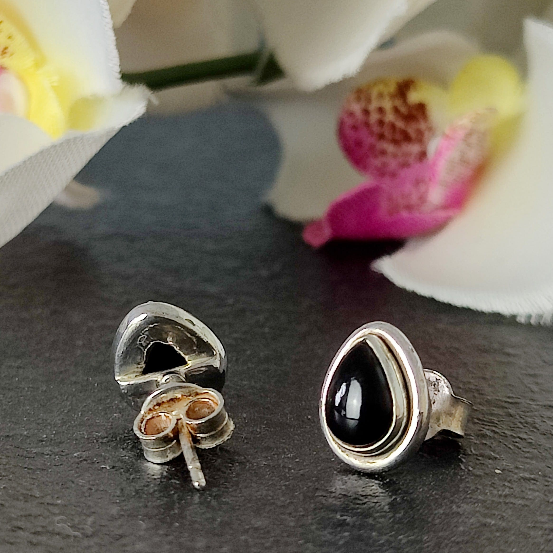 Hepburn and Hughes Black Onyx Earrings, Double rim Teardrop Studs, in Sterling Silver