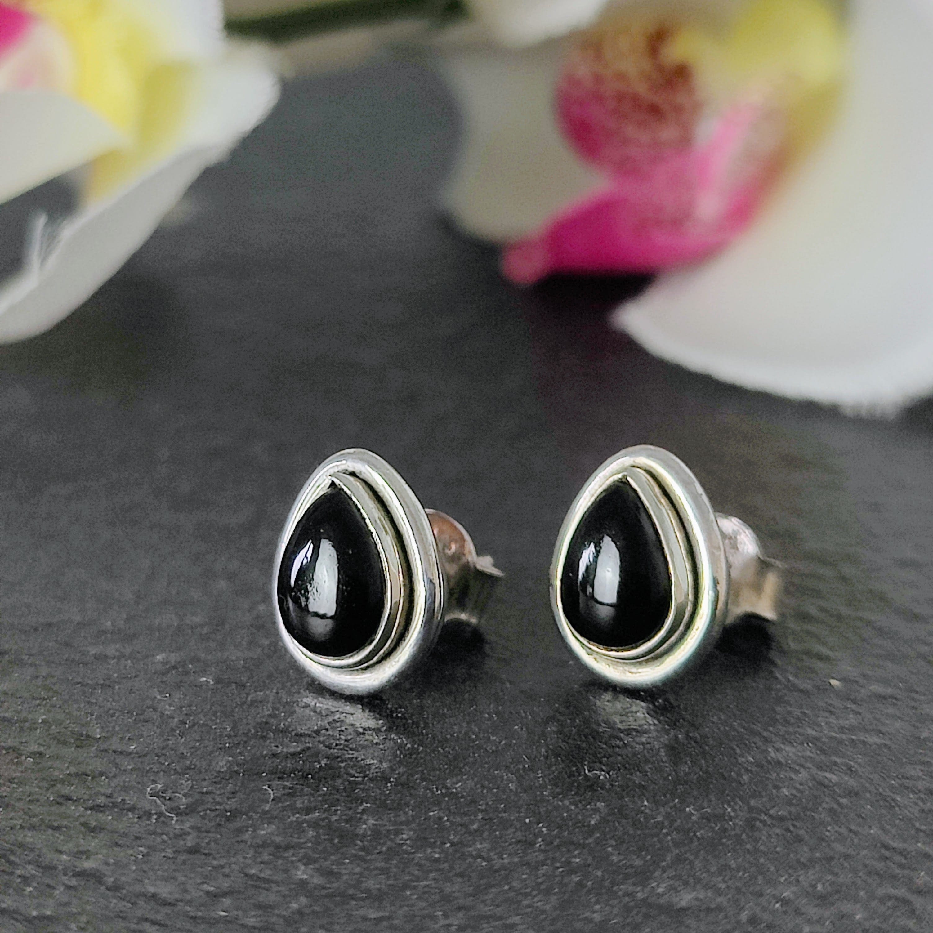 Hepburn and Hughes Black Onyx Earrings, Double rim Teardrop Studs, in Sterling Silver