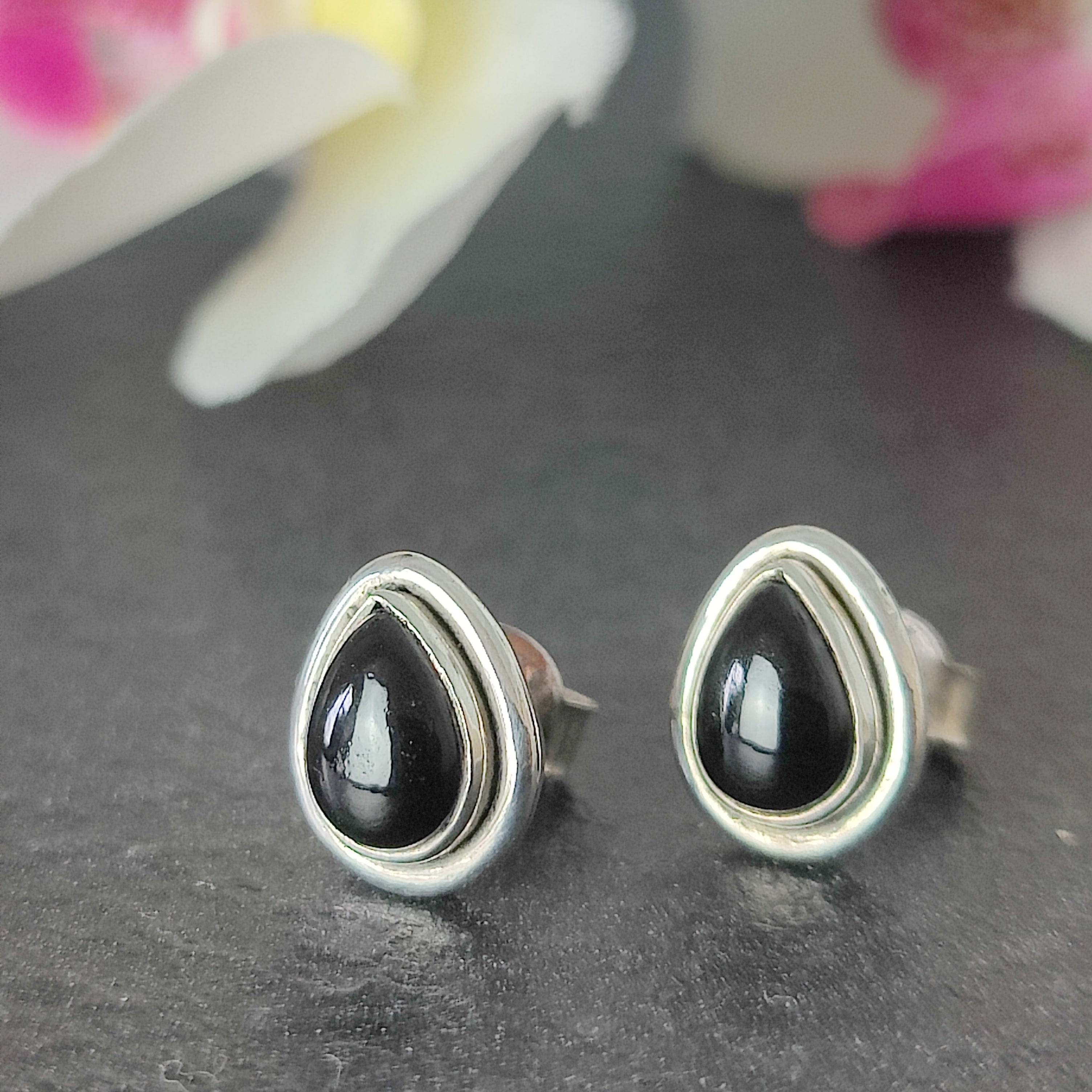 Hepburn and Hughes Black Onyx Earrings, Double rim Teardrop Studs, in Sterling Silver