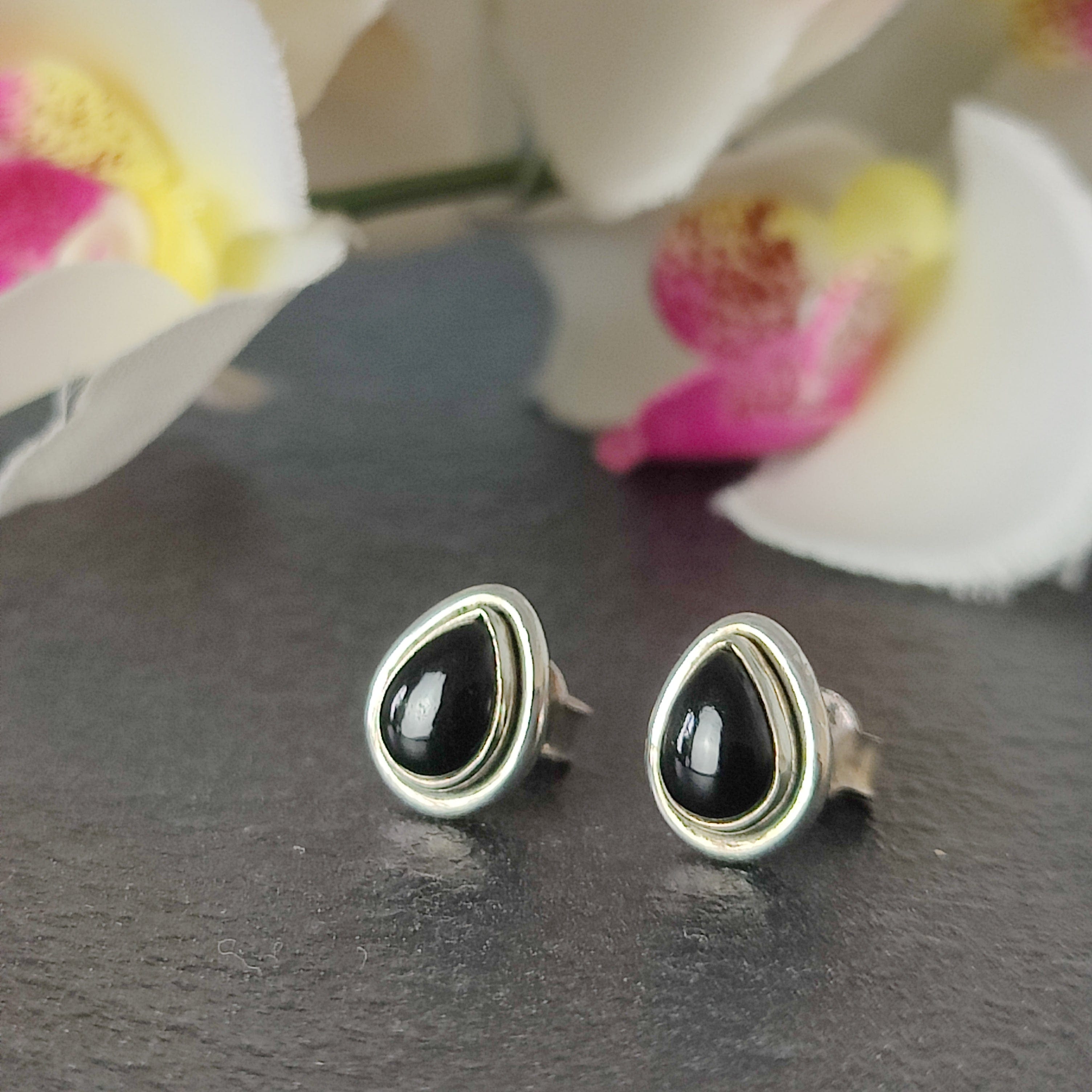 Hepburn and Hughes Black Onyx Earrings, Double rim Teardrop Studs, in Sterling Silver