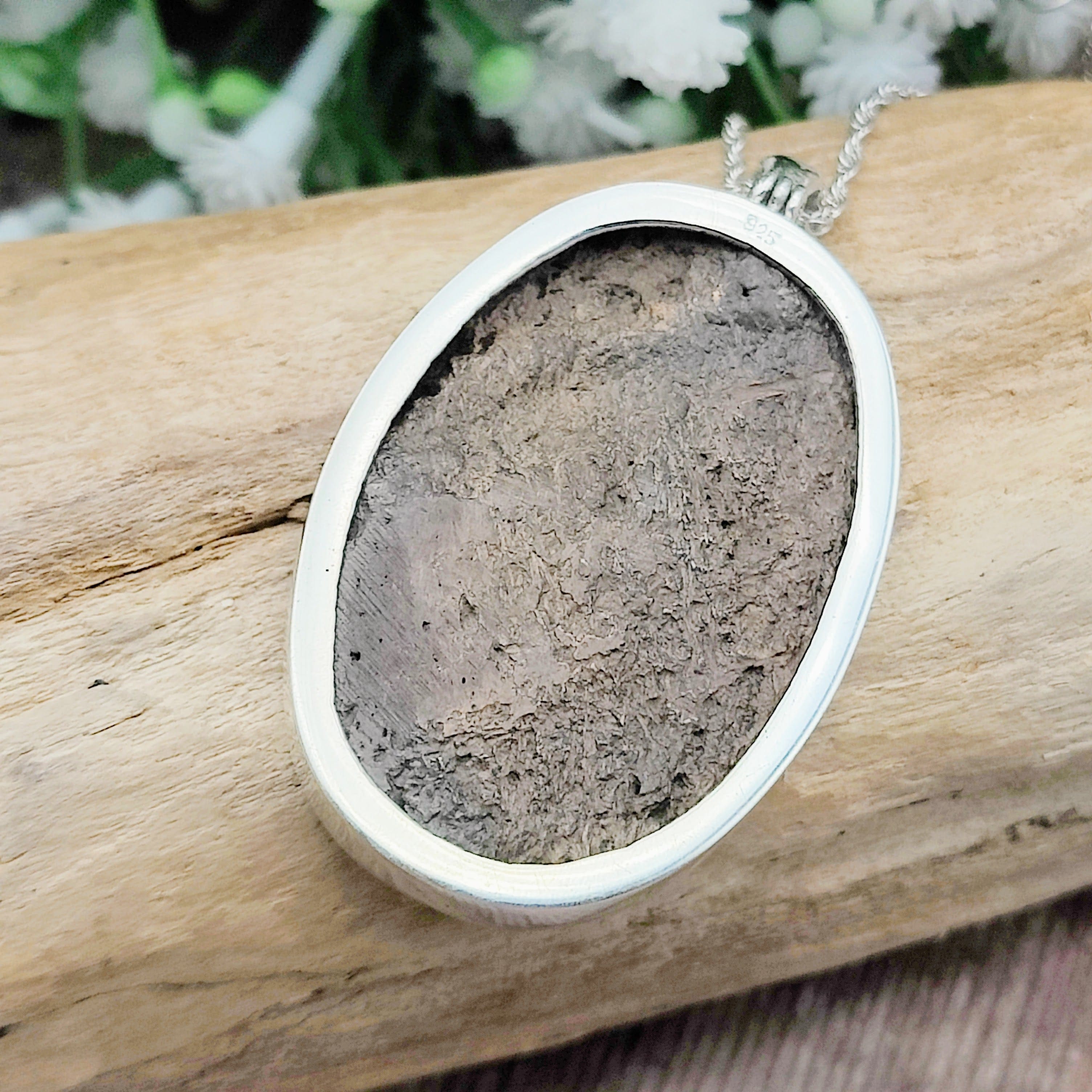 Hepburn and Hughes Dinosaur Bone Pendant | Fossilised Jewellery | Triceratops | Large Oval | Sterling Silver