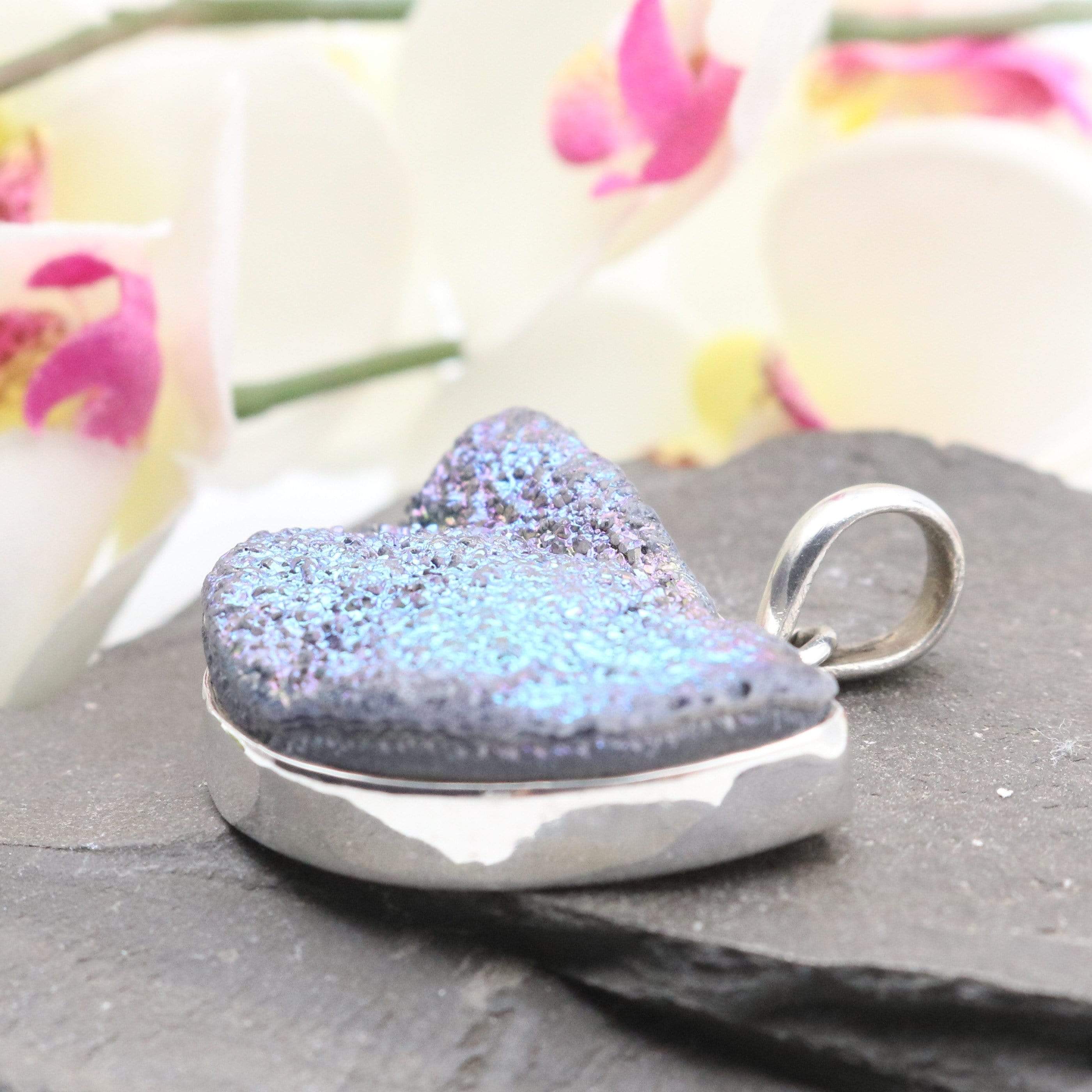 Hepburn and Hughes Druzy Quartz Pendant | Half Moon | Sterling Silver