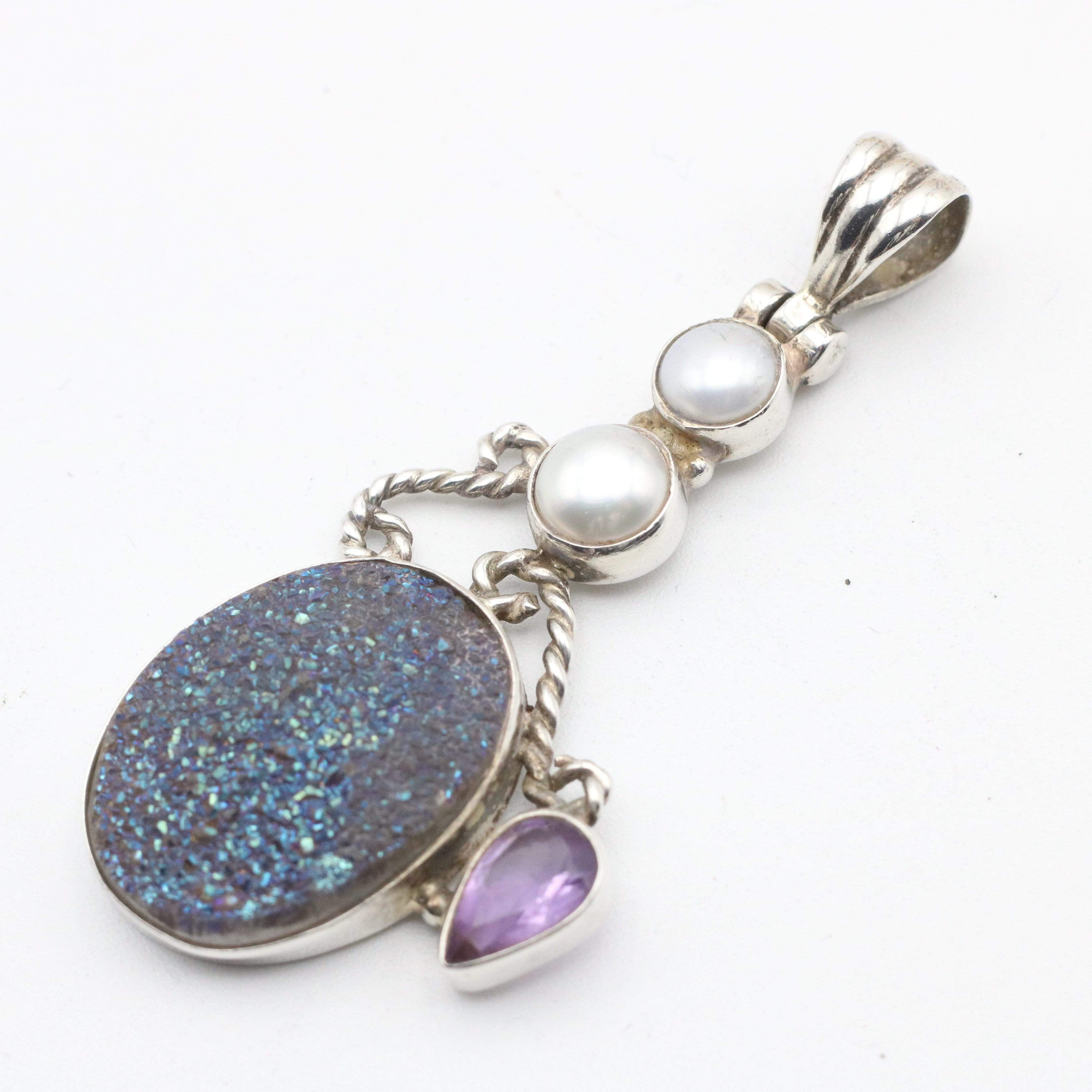 Hepburn and Hughes Druzy Quartz Pendant | With Pearl and Amethyst | Sterling Silver