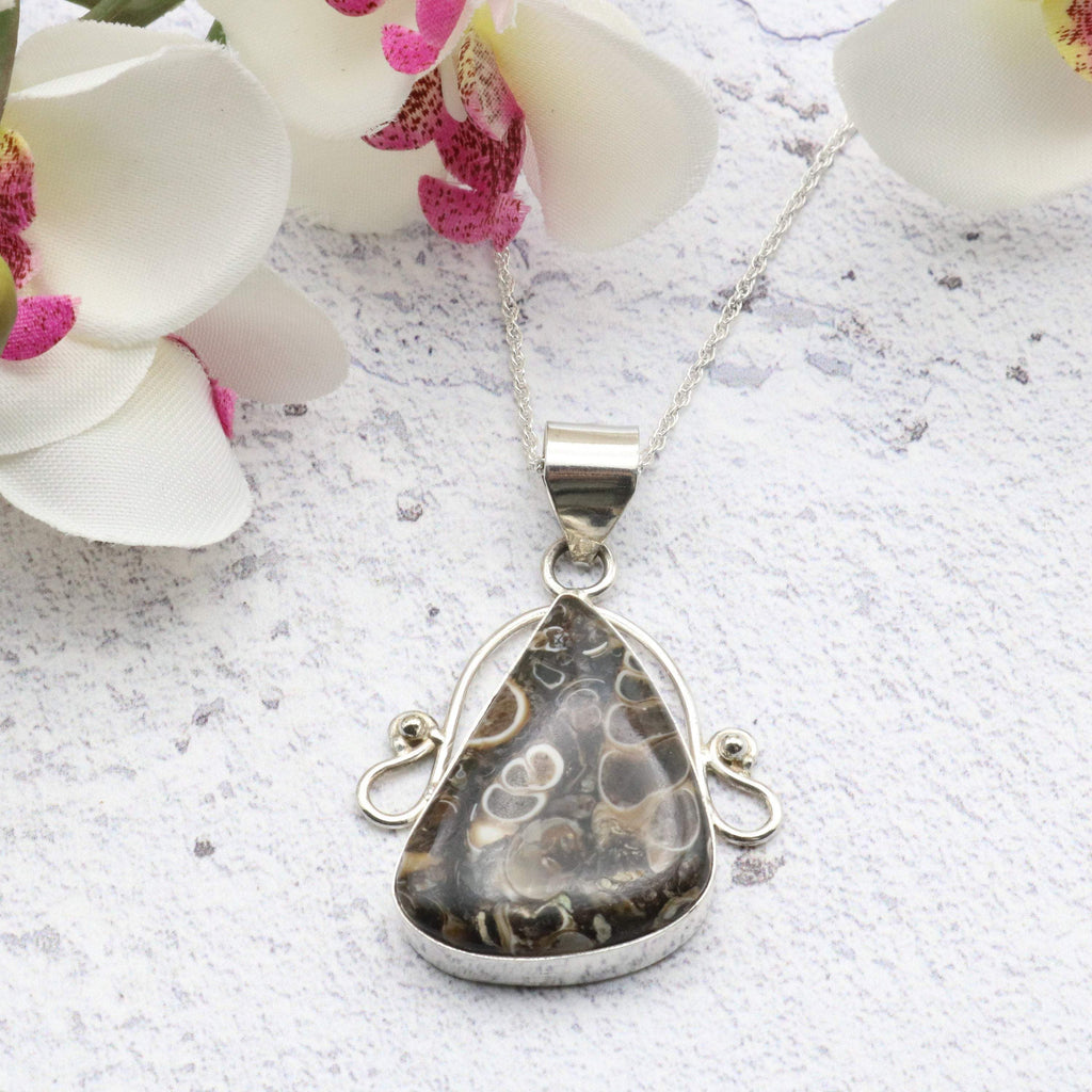 Hepburn and Hughes Fossilised Turritella Shell Pendant, Curved Triangle in Sterling Silver