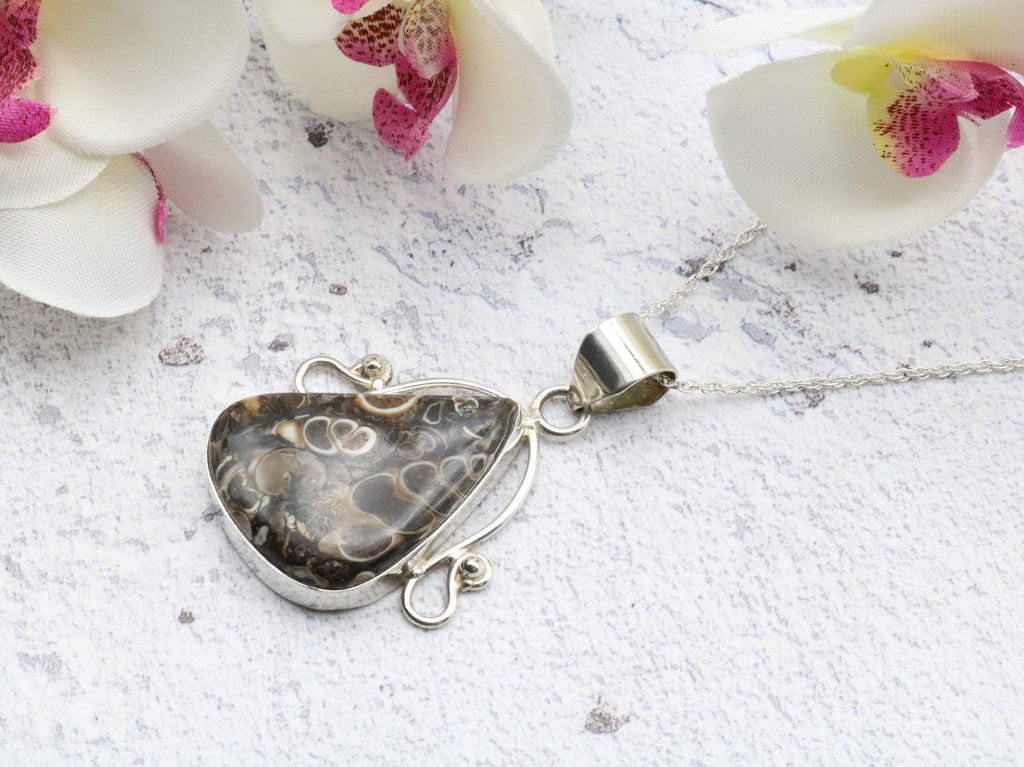 Hepburn and Hughes Fossilised Turritella Shell Pendant, Curved Triangle in Sterling Silver