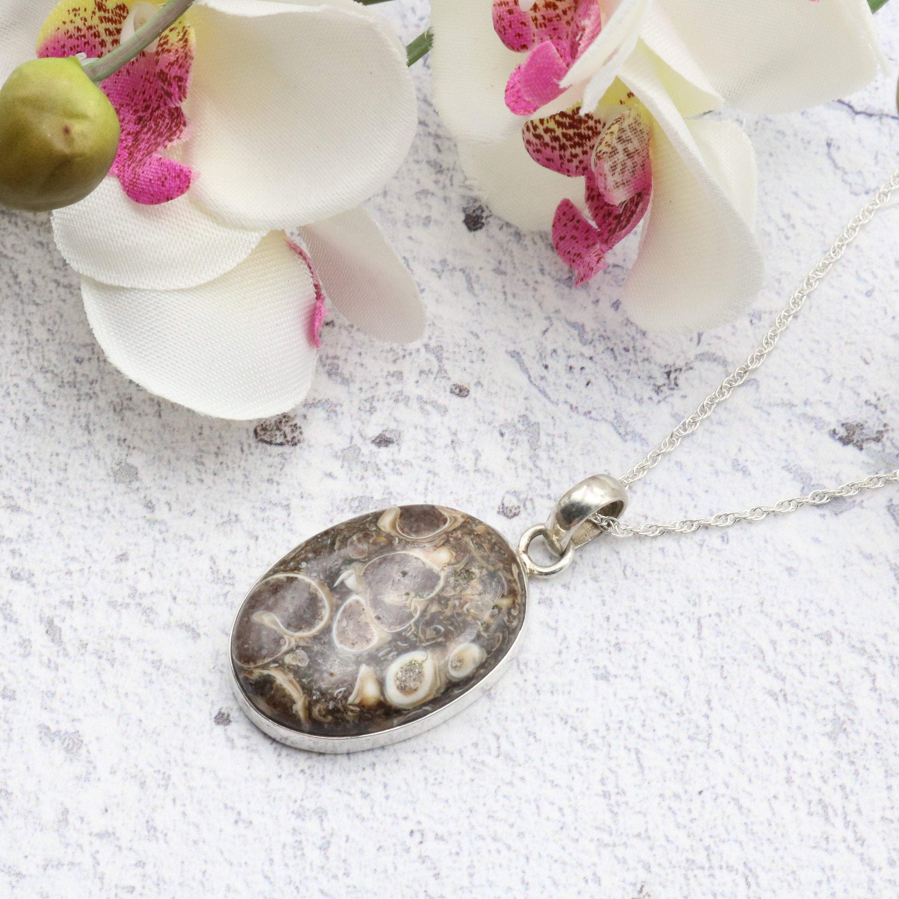 Hepburn and Hughes Fossilised Turritella Shell Pendant, Oval in Sterling Silver