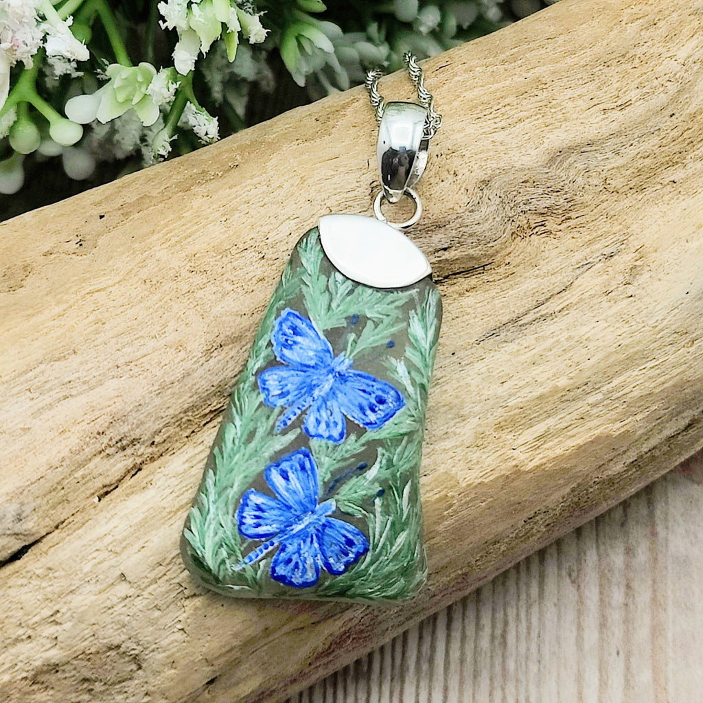 Hepburn and Hughes Hand Painted Sea Glass Pendant | Butterfly | Sterling Silver