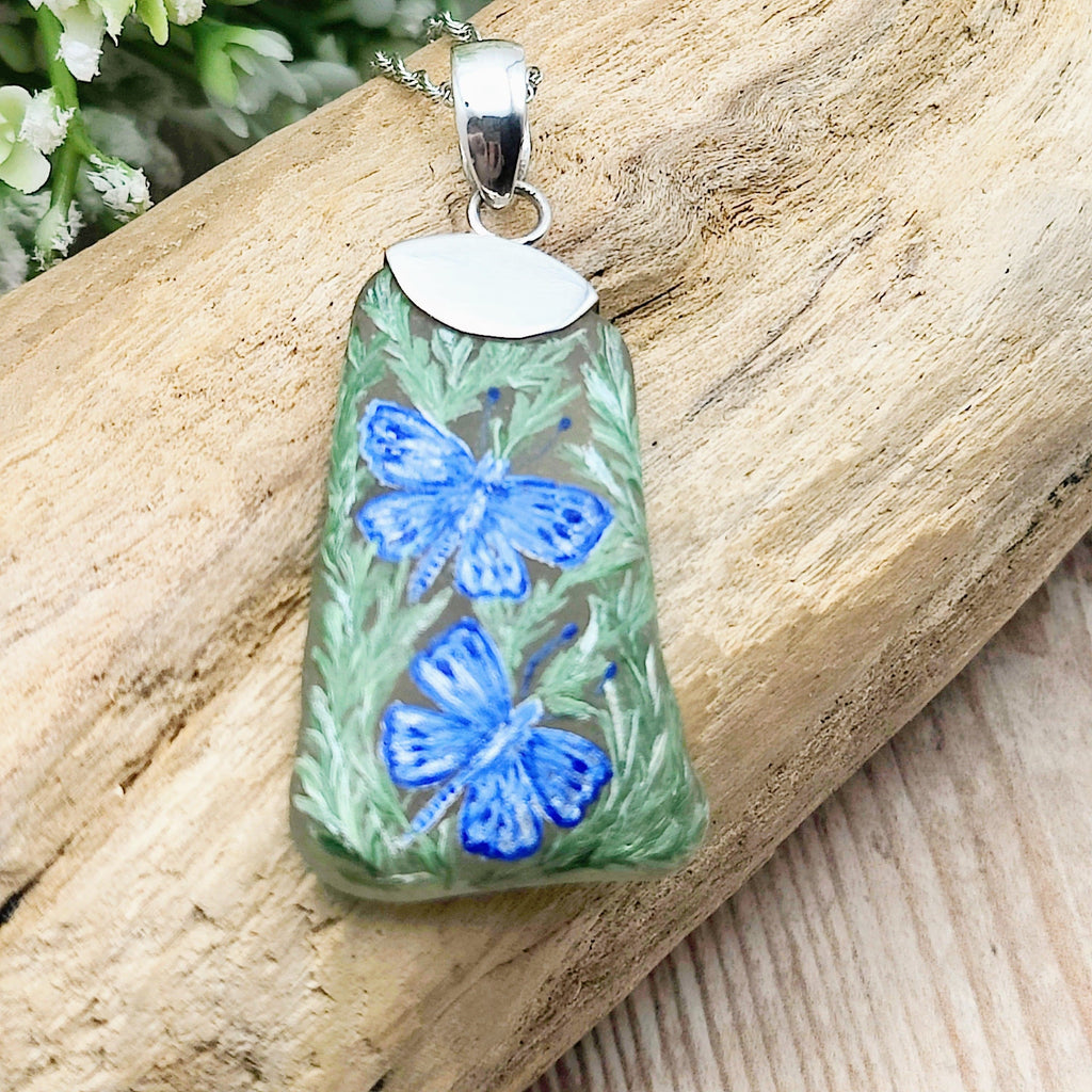 Hepburn and Hughes Hand Painted Sea Glass Pendant | Butterfly | Sterling Silver