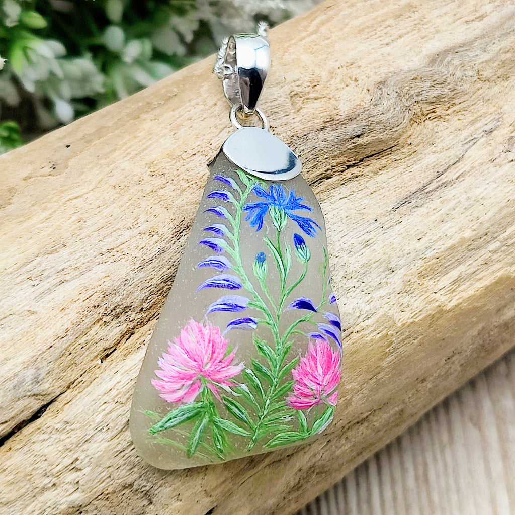 Hepburn and Hughes Hand Painted Sea Glass Pendant | Cornflower | Sterling Silver