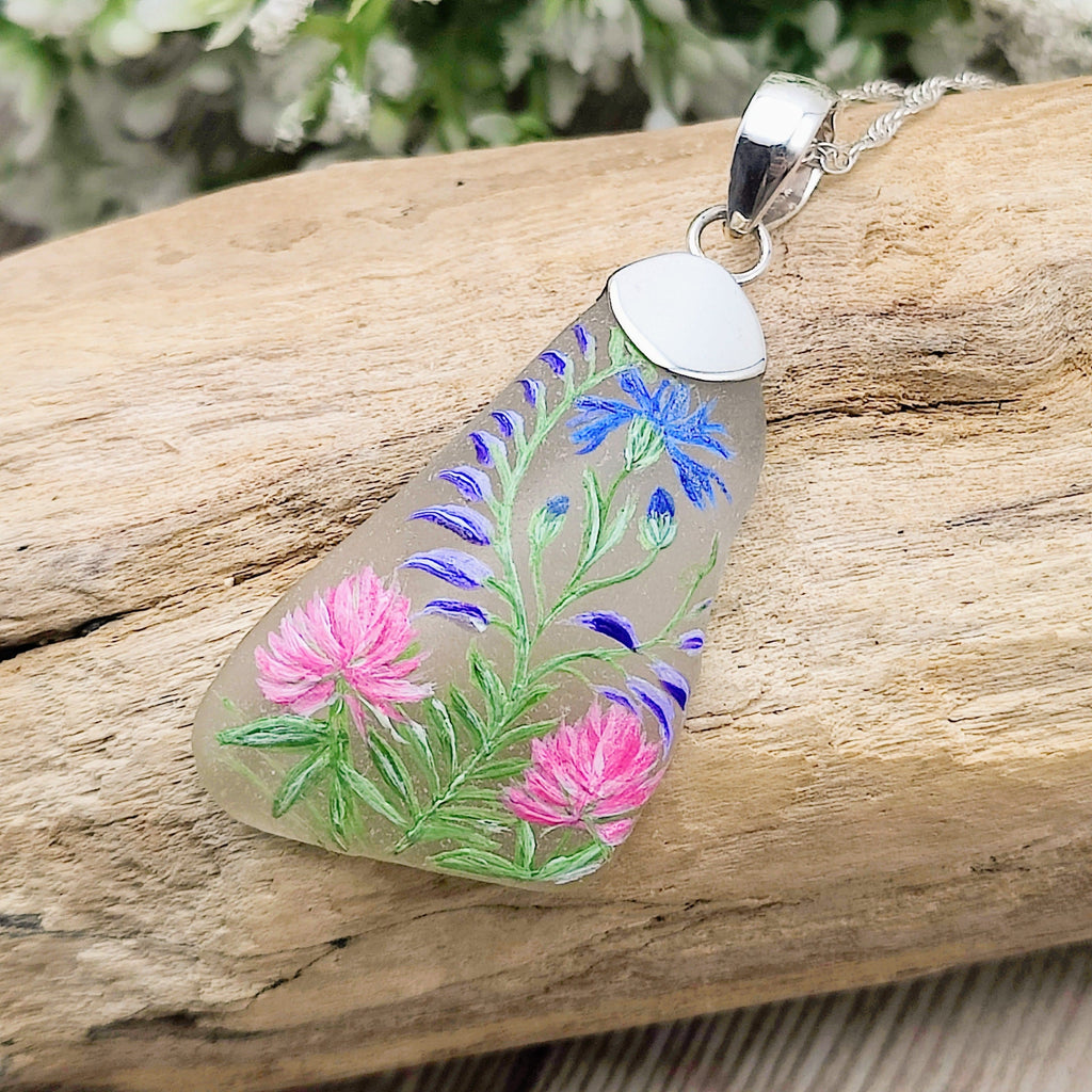 Hepburn and Hughes Hand Painted Sea Glass Pendant | Cornflower | Sterling Silver