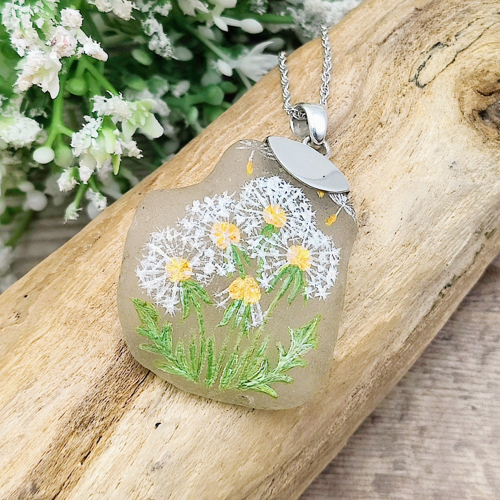 Hepburn and Hughes Hand Painted Sea Glass Pendant | Dandelion Seed | Sterling Silver
