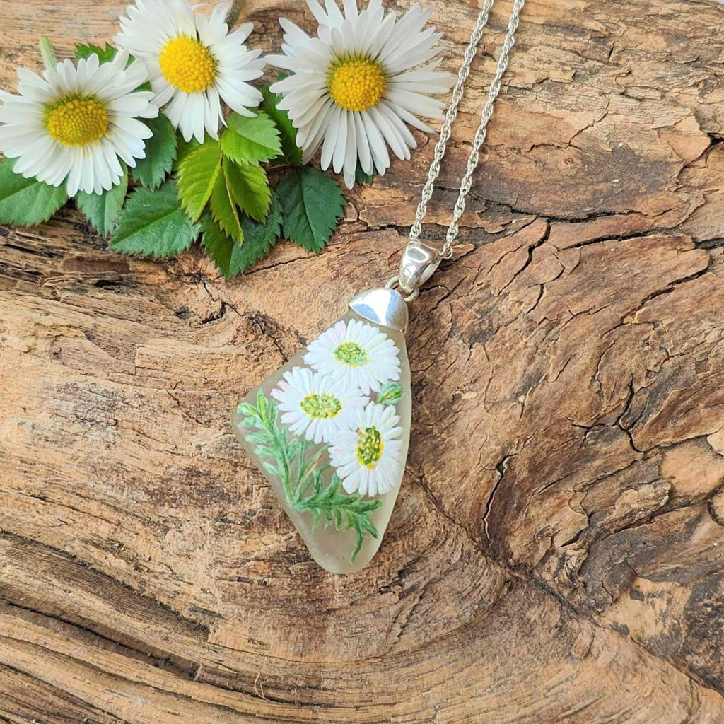 Hepburn and Hughes Hand Painted Sea Glass Pendant | Dasies | Sterling Silver