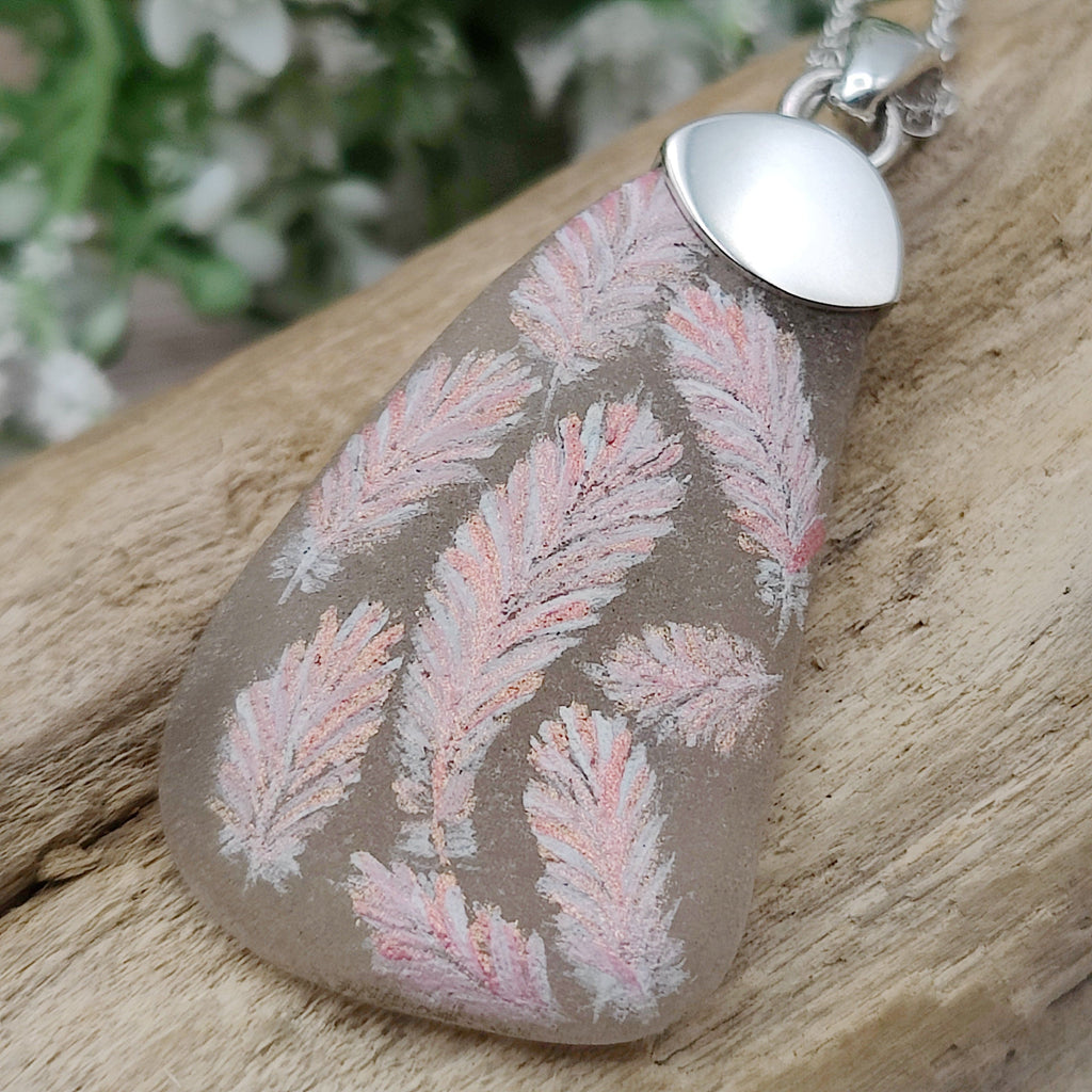 Hepburn and Hughes Hand Painted Sea Glass Pendant | Floating Feathers | Sterling Silver