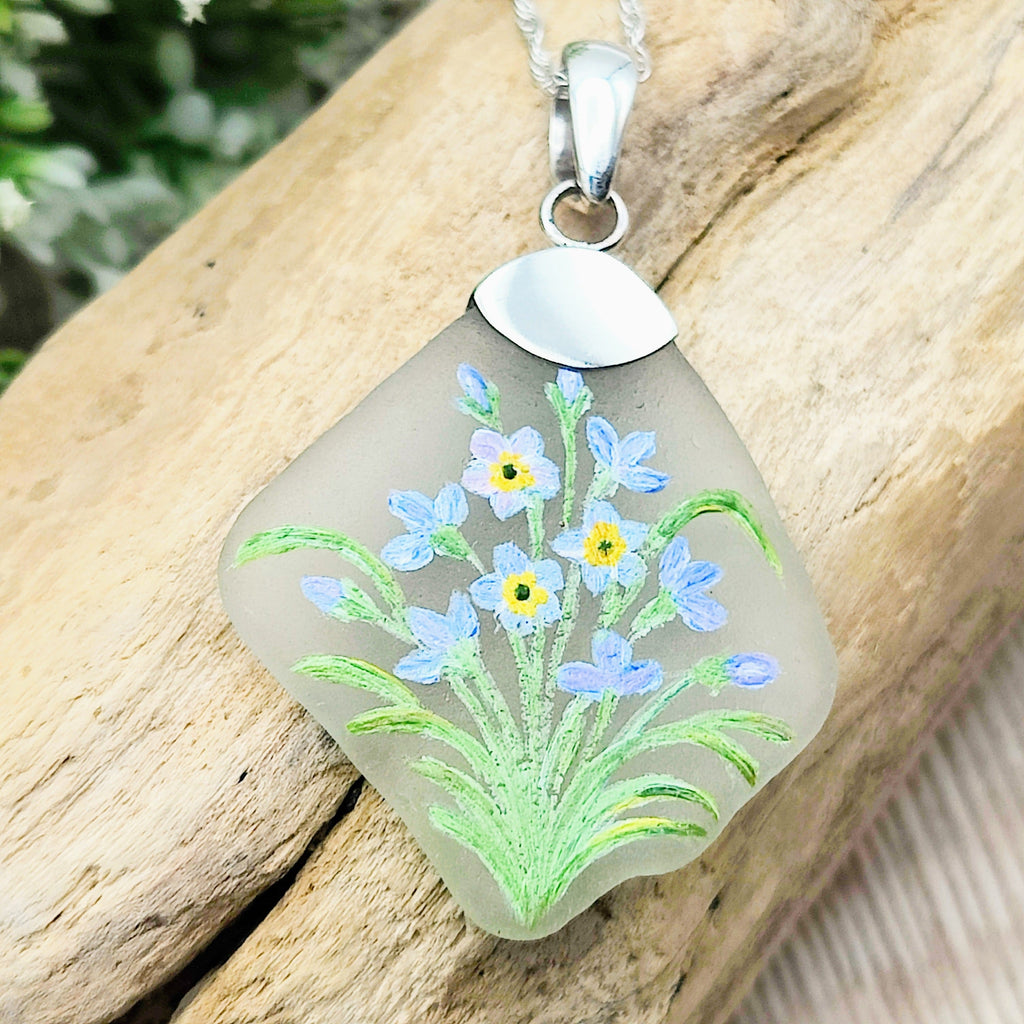 Hepburn and Hughes Hand Painted Sea Glass Pendant | Forget-me-nots | Sterling Silver
