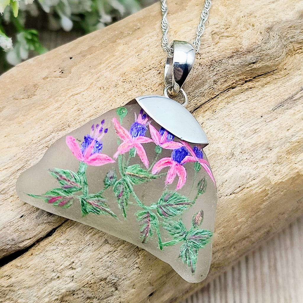 Hepburn and Hughes Hand Painted Sea Glass Pendant | Fuchsia | Sterling Silver