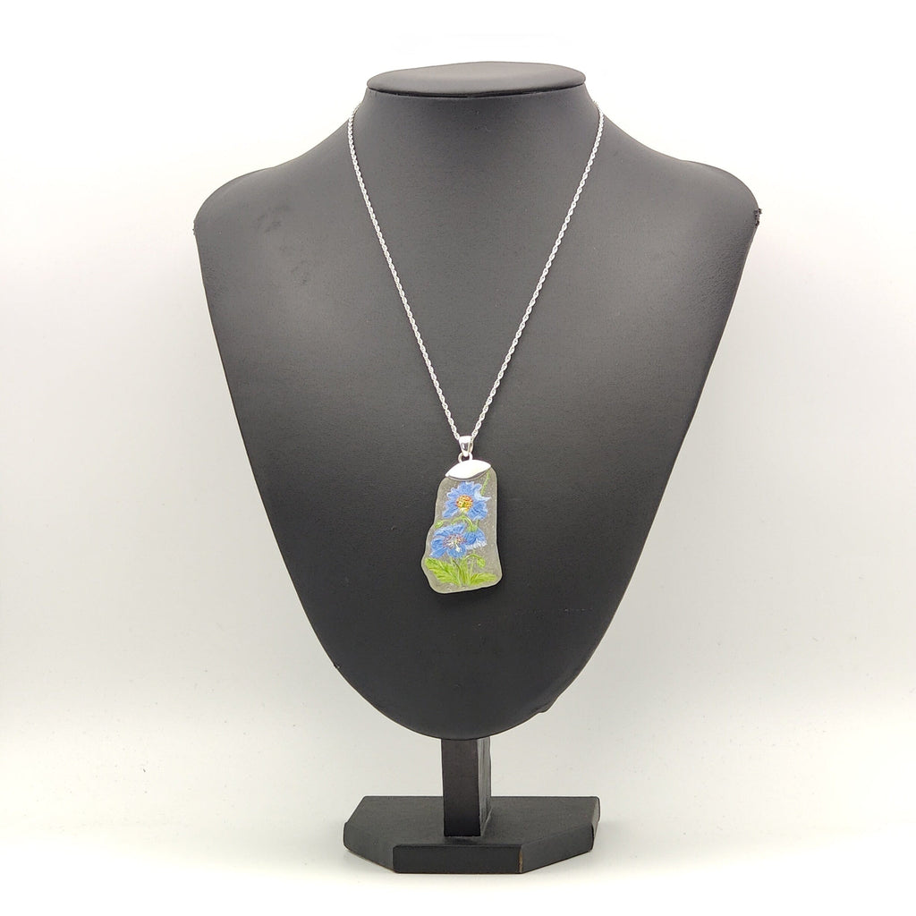 Hepburn and Hughes Hand Painted Sea Glass Pendant | Himalayan Poppy | Sterling Silver