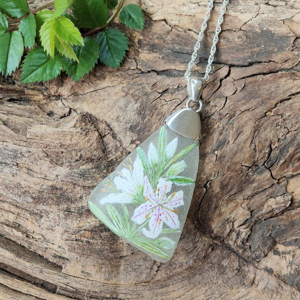 Hepburn and Hughes Hand Painted Sea Glass Pendant | Lily | Sterling Silver