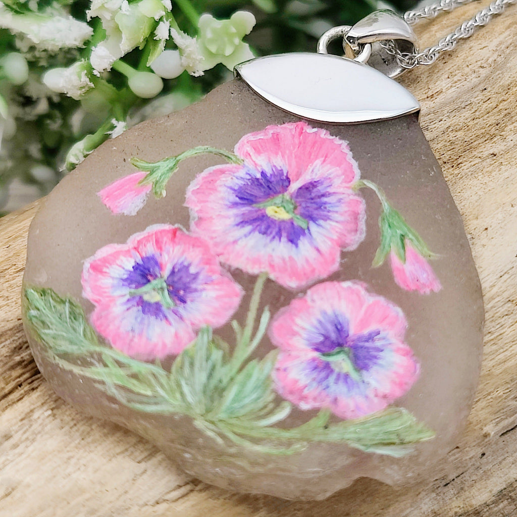 Hepburn and Hughes Hand Painted Sea Glass Pendant | Pink Pansy | Sterling Silver
