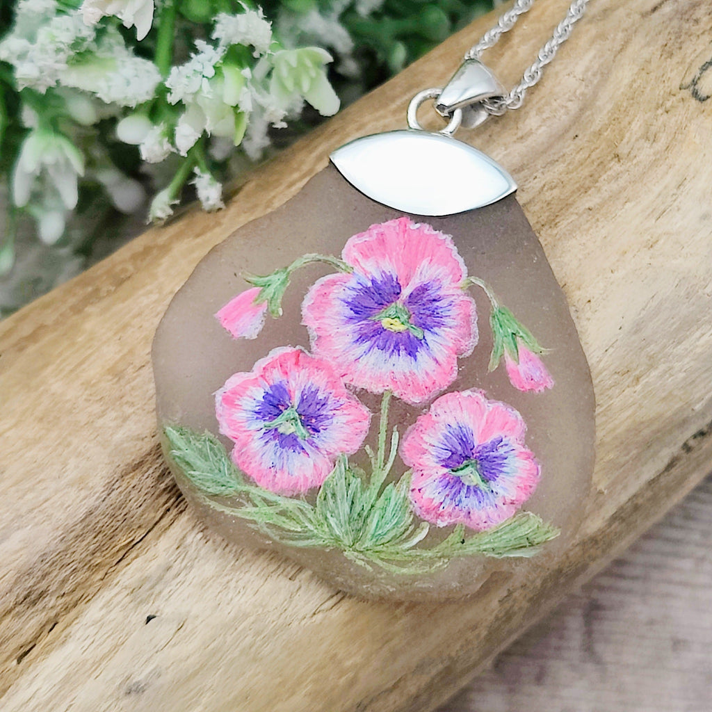 Hepburn and Hughes Hand Painted Sea Glass Pendant | Pink Pansy | Sterling Silver