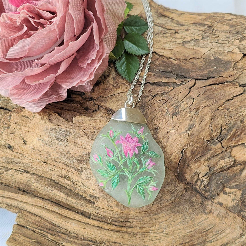 Hepburn and Hughes Hand Painted Sea Glass Pendant | Pink Rose | Sterling Silver