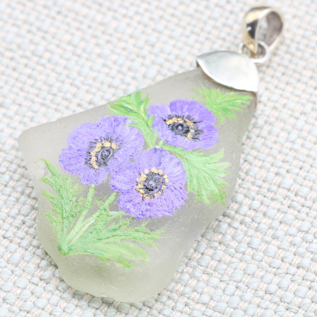 Hepburn and Hughes Hand Painted Sea Glass Pendant | Purple Anemone | Sterling Silver