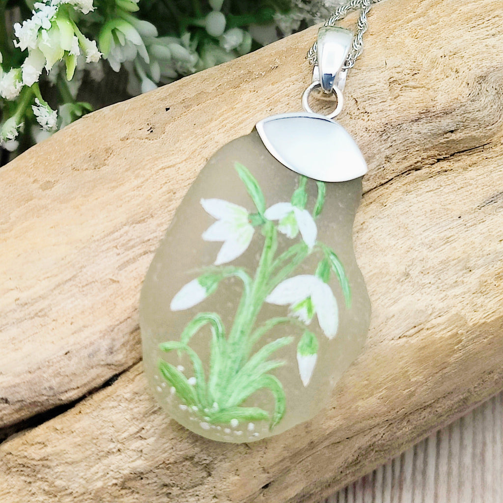 Hepburn and Hughes Hand Painted Sea Glass Pendant | Snowdrops | Sterling Silver