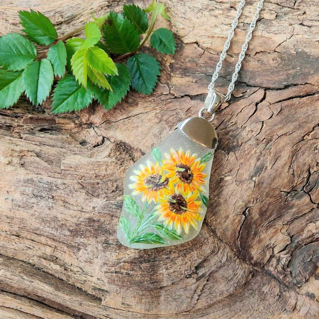 Hepburn and Hughes Hand Painted Sea Glass Pendant | Sunflowers | Sterling Silver