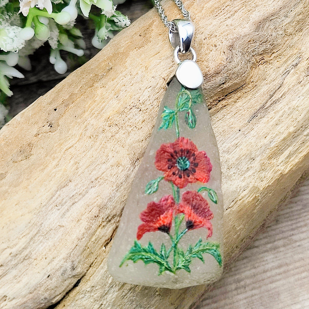 Hepburn and Hughes Hand Painted Sea Glass Pendant | Wild Poppy | Sterling Silver