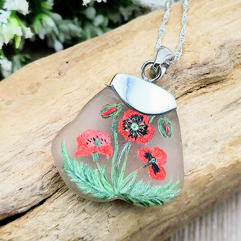 Hepburn and Hughes Hand Painted Sea Glass Pendant | Wild Poppy | Sterling Silver