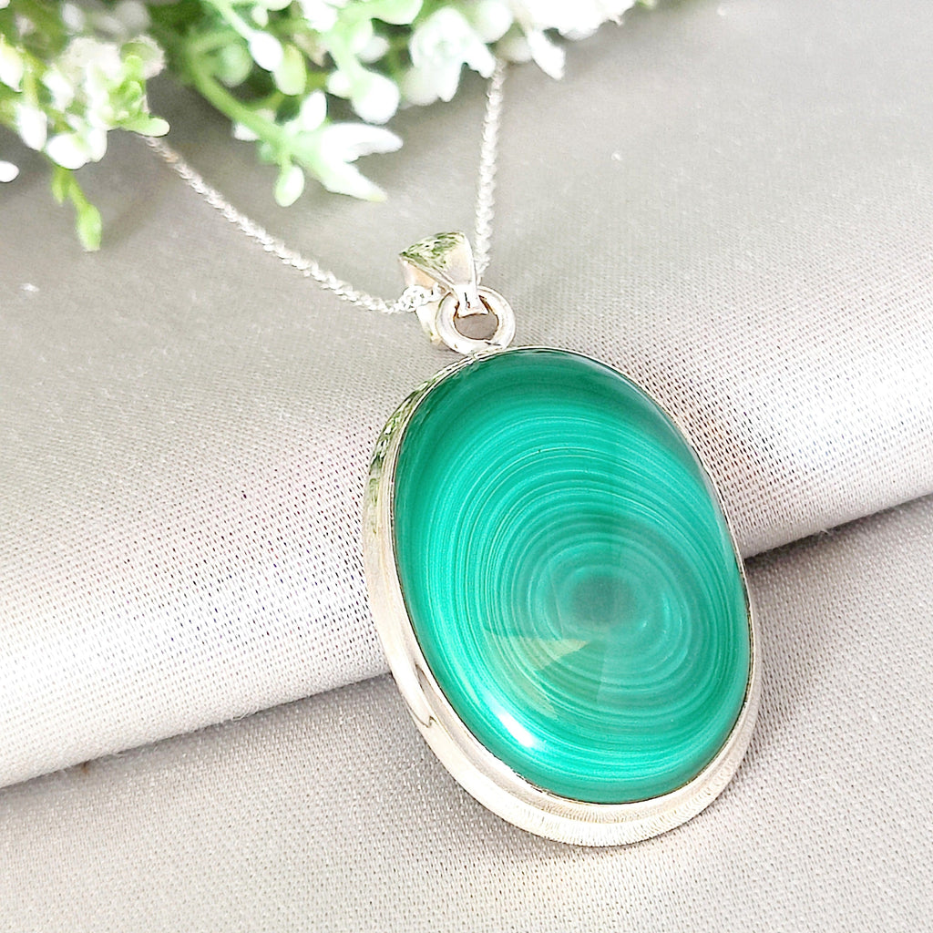 Hepburn and Hughes Malachite Pendant | 35mm Oval | Sterling Silver
