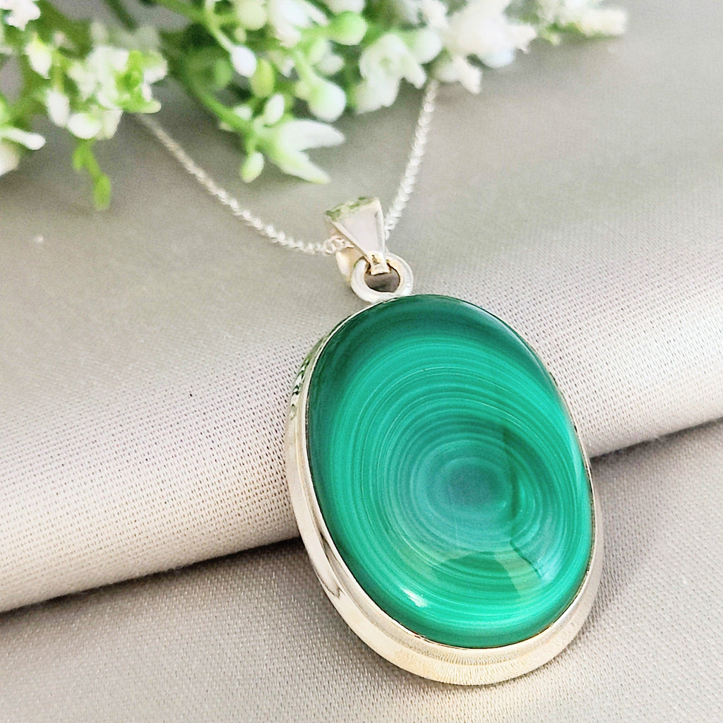 Hepburn and Hughes Malachite Pendant | 35mm Oval | Sterling Silver