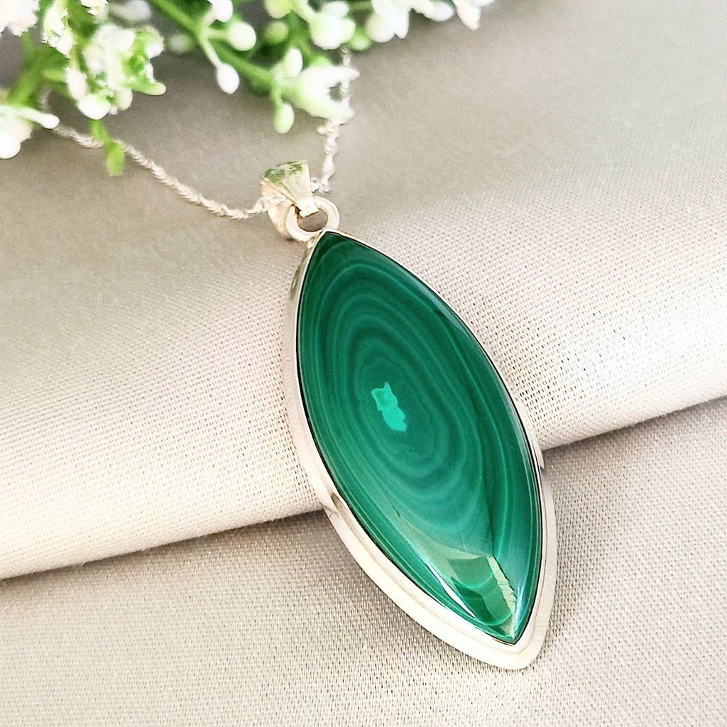 Hepburn and Hughes Malachite Pendant | 50mm pointed oval | Sterling Silver