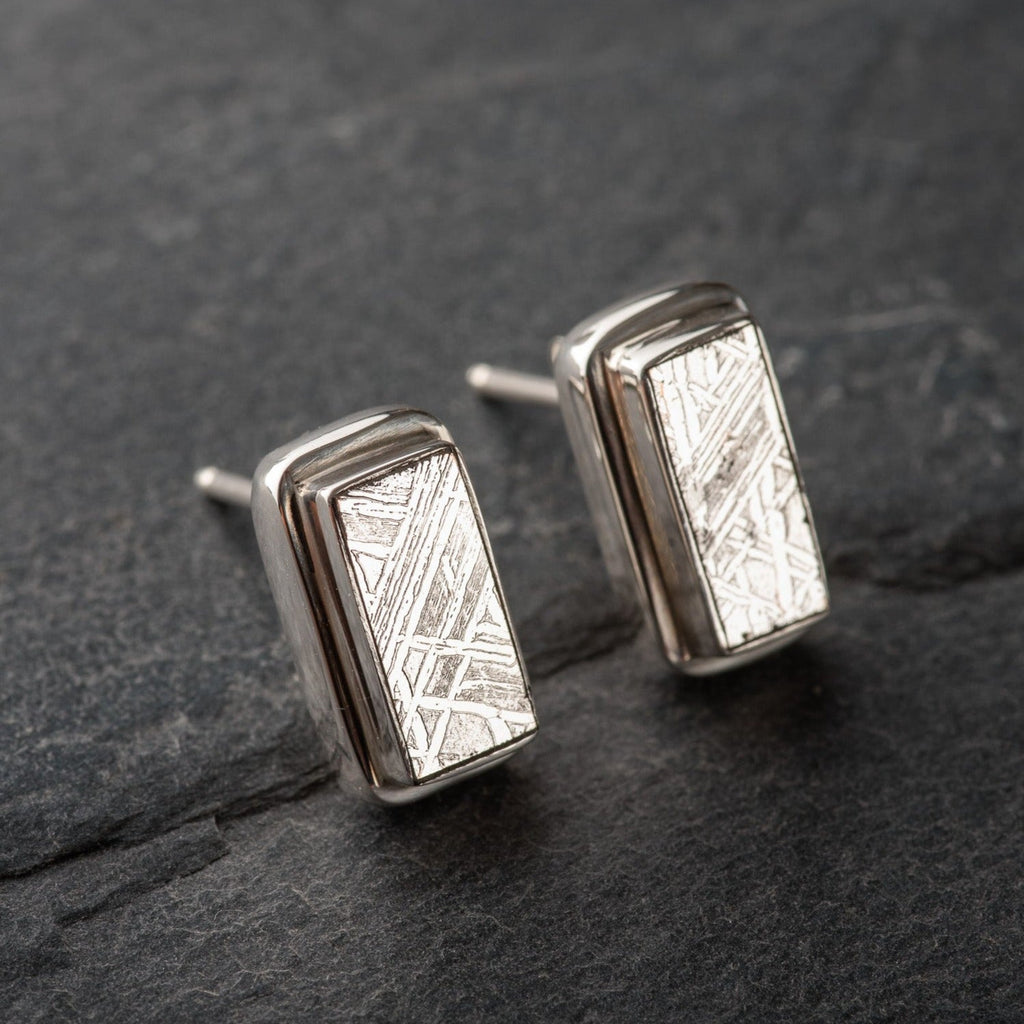 Hepburn and Hughes Meteorite Earrings, Rectangular Stud in Sterling Silver